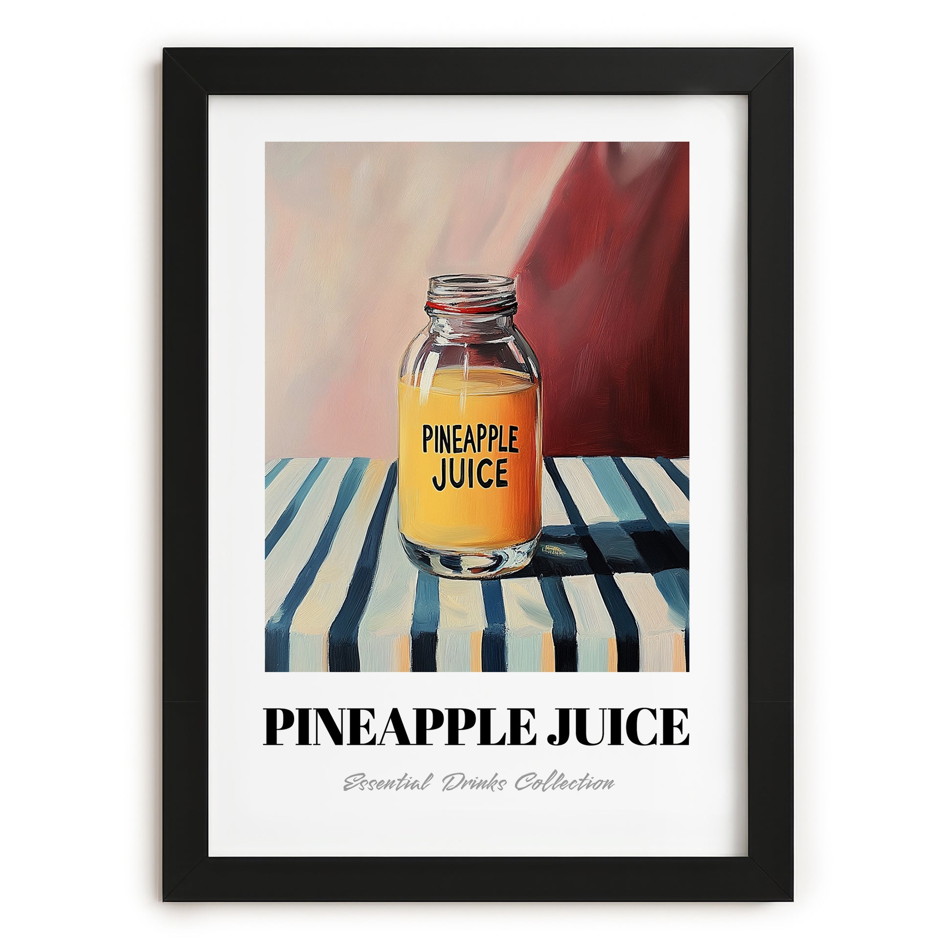 Pineapple Juice – on Striped Tablecloth, Lemonade Wall Decor, in sleek black frame