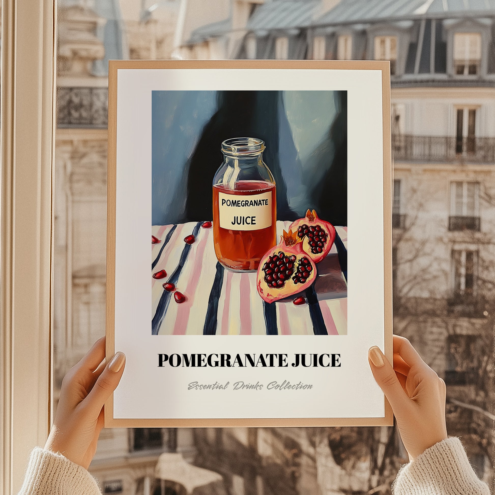 Pomegranate Juice – on Striped Tablecloth, Lemonade Art, styled in a charming Paris street view