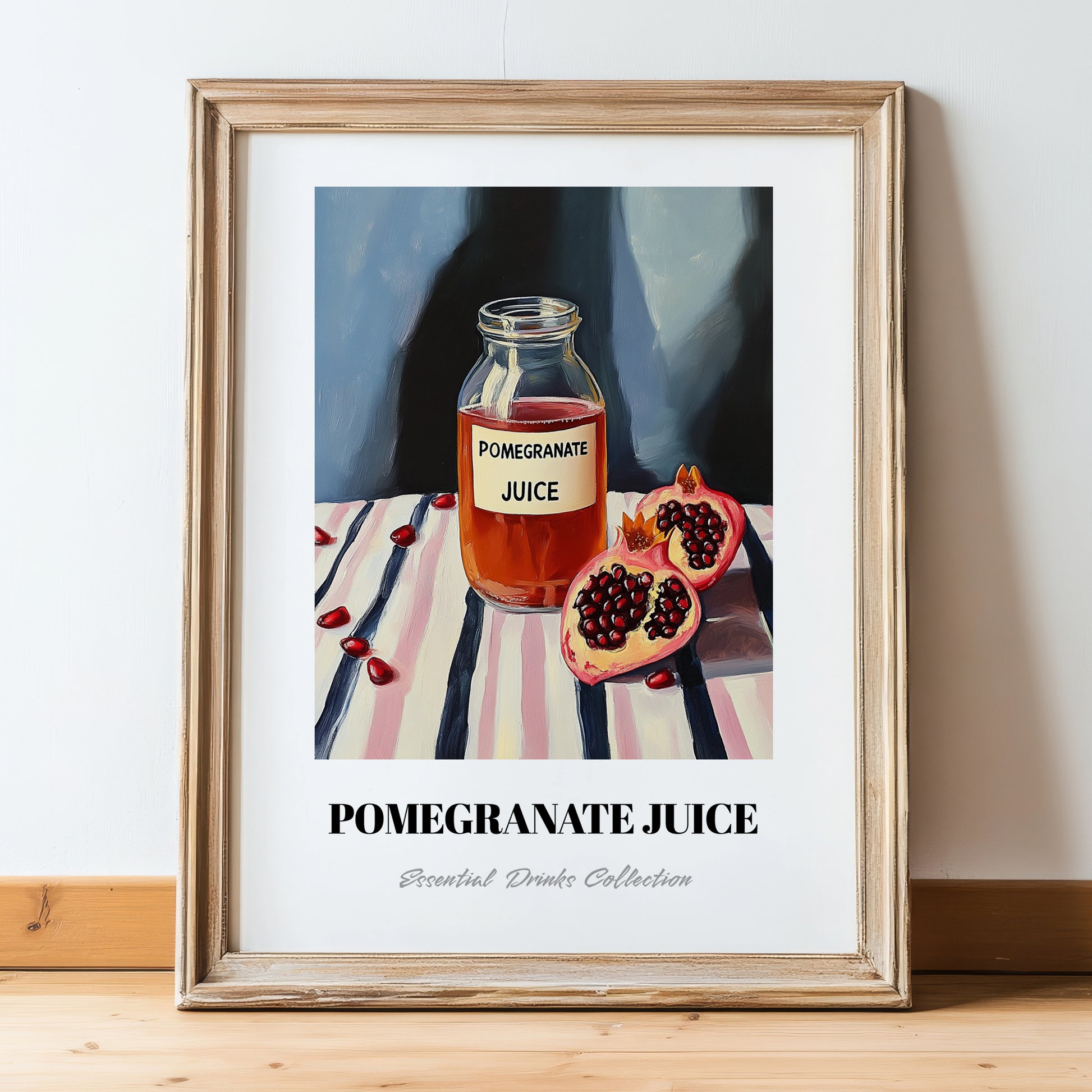 Pomegranate Juice – on Striped Tablecloth, Lemonade Art, in wooden frame leaning on the floor