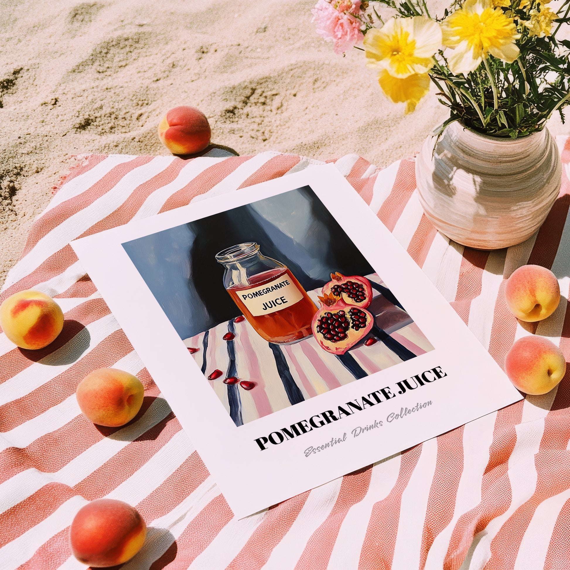 Pomegranate Juice – on Striped Tablecloth, Lemonade Art, unframed on coastal sand