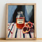 Pomegranate Juice – on Striped Tablecloth, Lemonade Art, no-text version framed in wood