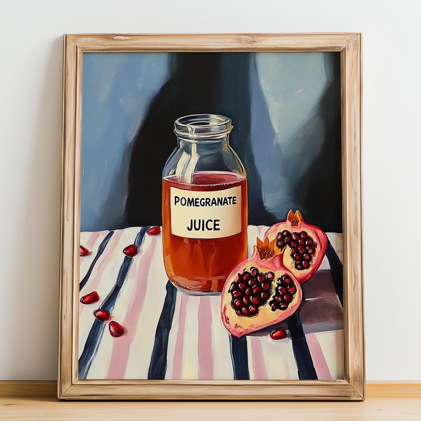 Pomegranate Juice – on Striped Tablecloth, Lemonade Art, no-text version framed in wood