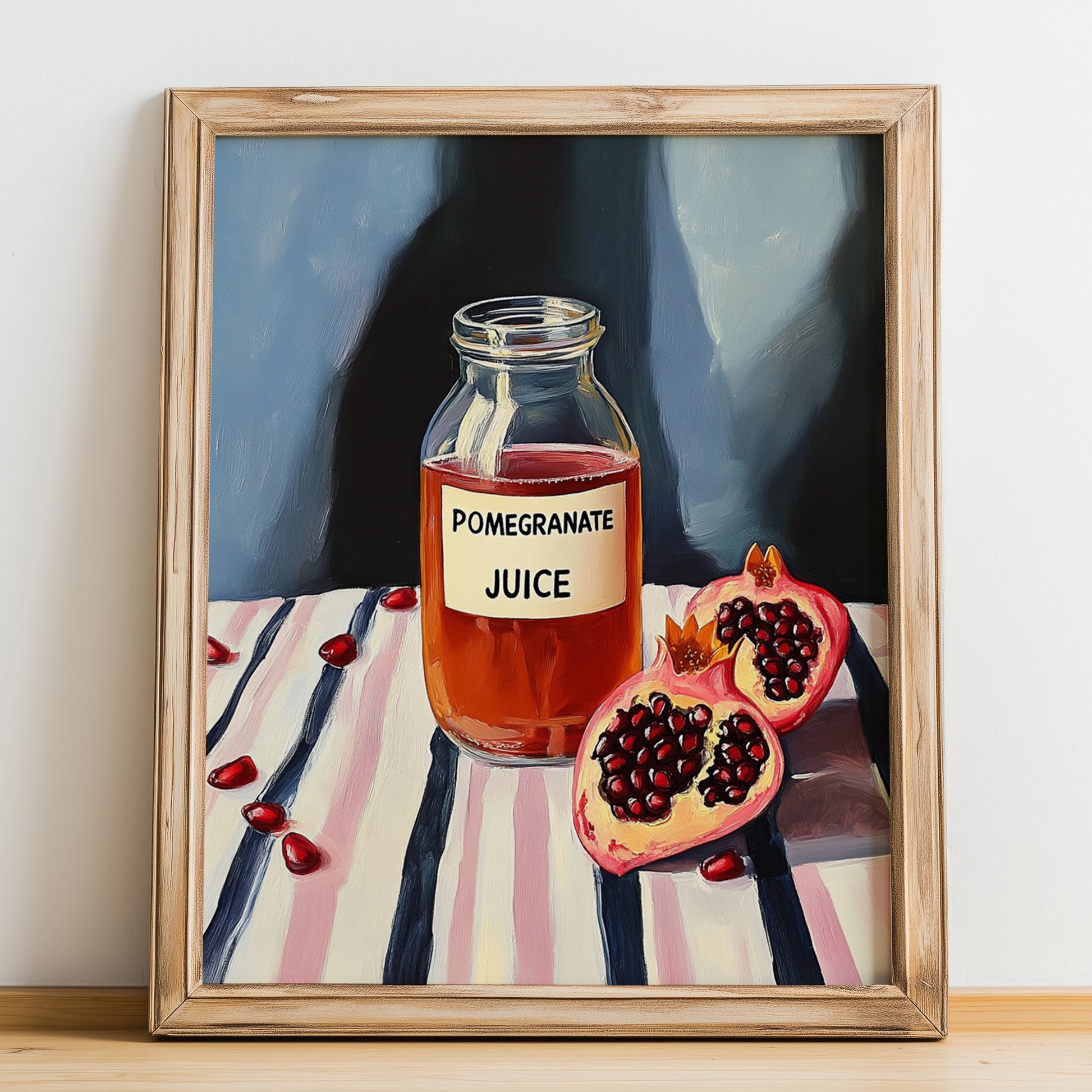 Pomegranate Juice – on Striped Tablecloth, Lemonade Art, no-text version framed in wood