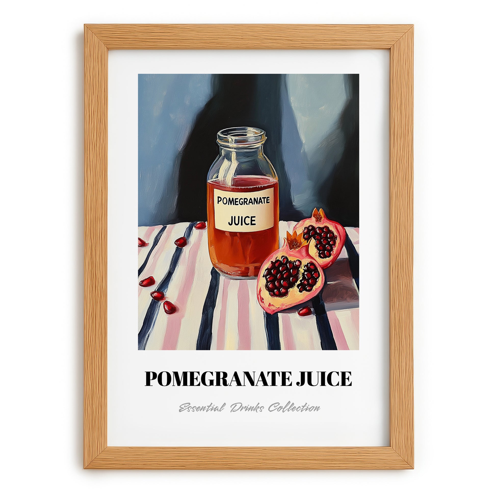 Pomegranate Juice – on Striped Tablecloth, Lemonade Art, set in oak frame