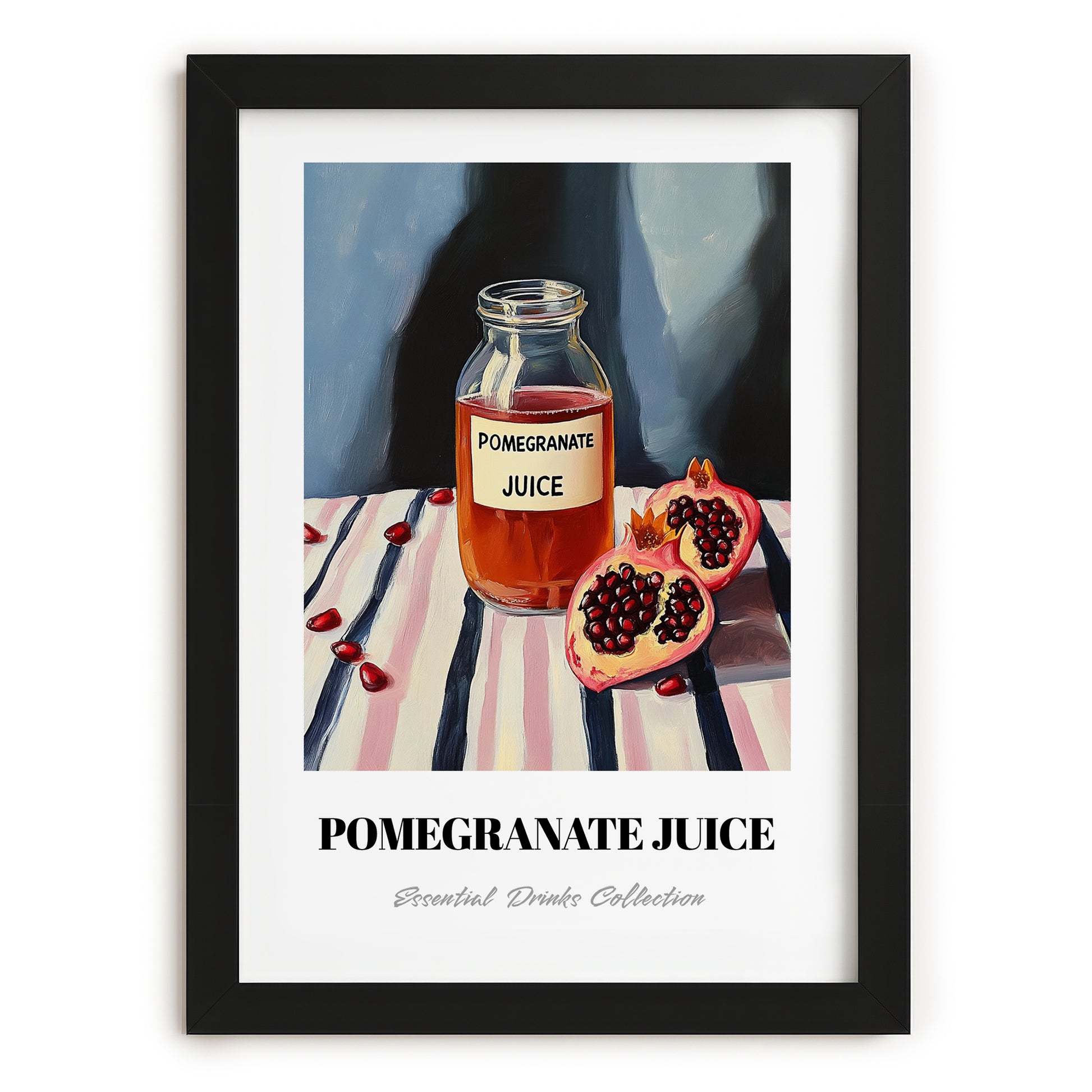 Pomegranate Juice – on Striped Tablecloth, Lemonade Art, in sleek black frame