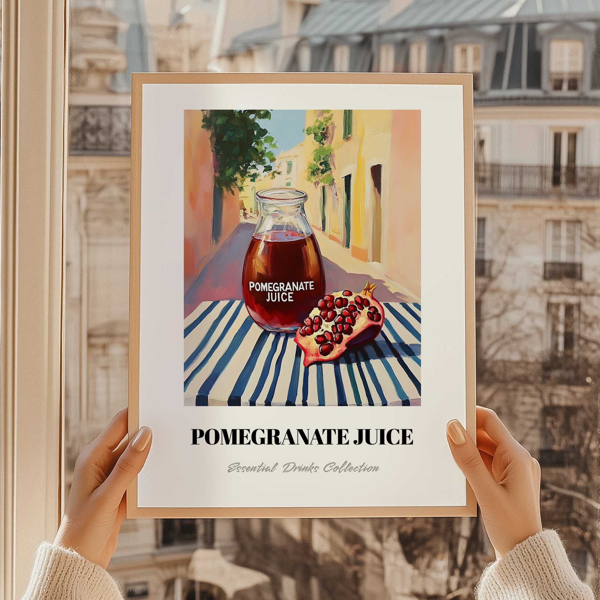 Pomegranate Juice – Italian Outdoor Café Scene, Lemonade Painting, styled in a charming Paris street view