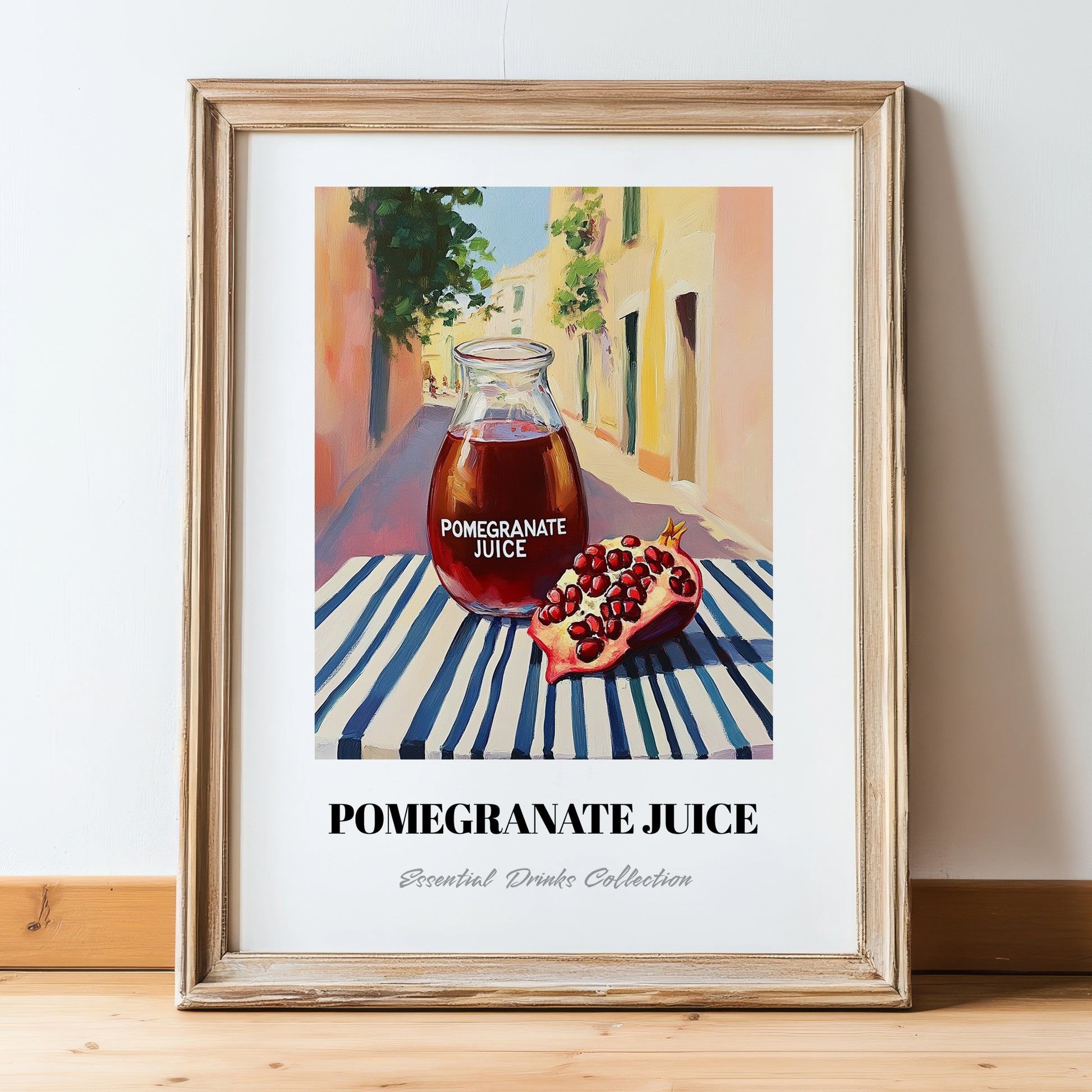 Pomegranate Juice – Italian Outdoor Café Scene, Lemonade Painting, in wooden frame leaning on the floor