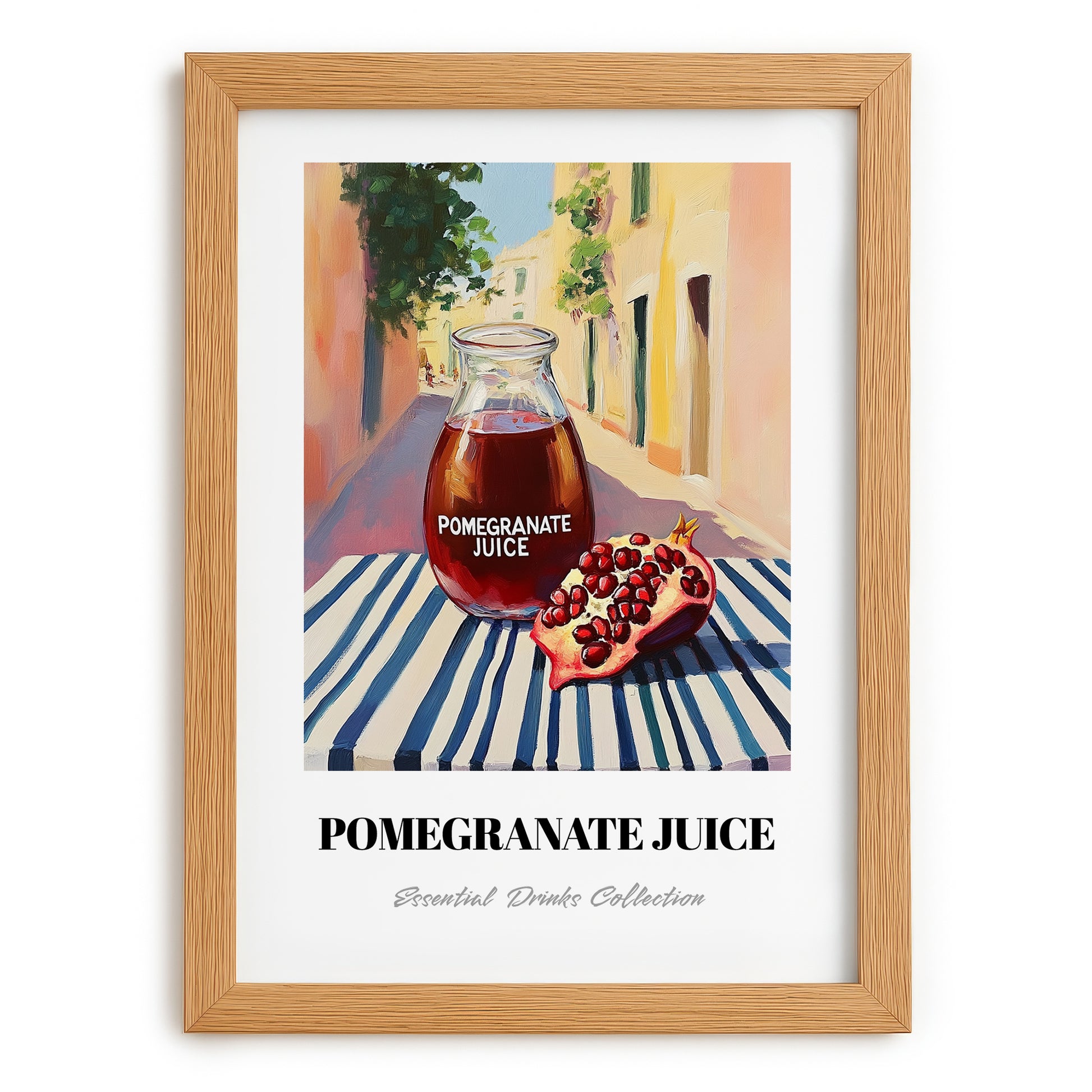 Pomegranate Juice – Italian Outdoor Café Scene, Lemonade Painting, set in oak frame