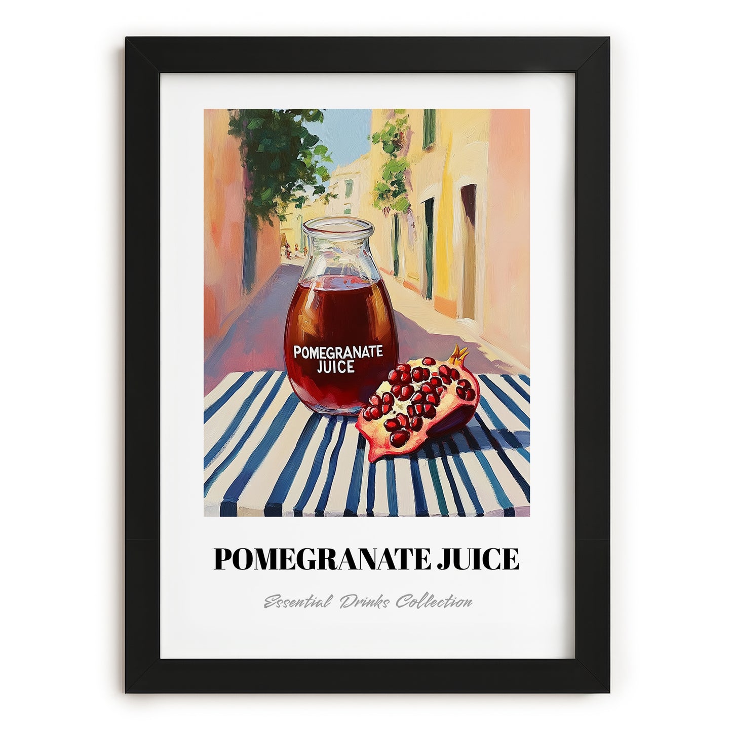 Pomegranate Juice – Italian Outdoor Café Scene, Lemonade Painting, in sleek black frame