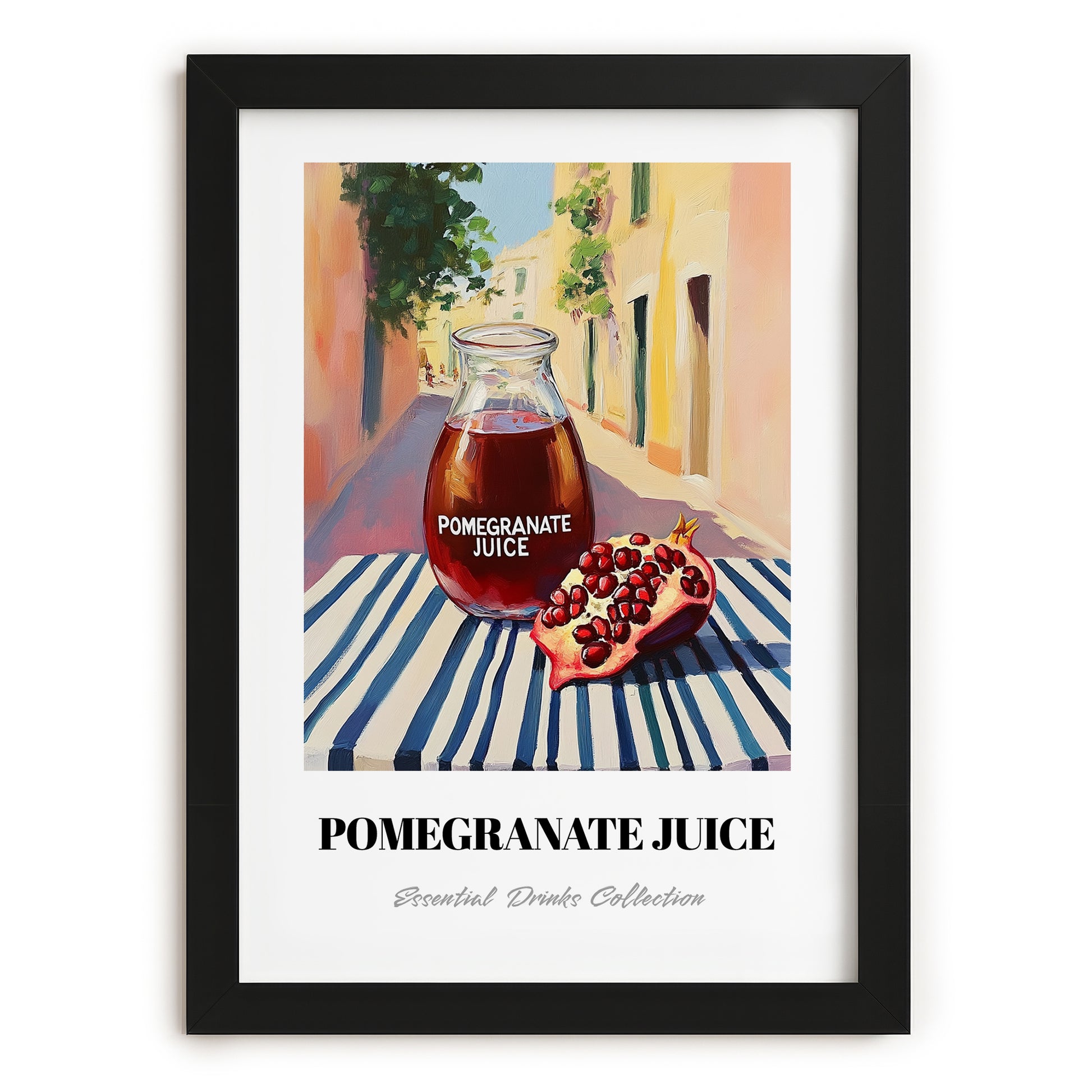 Pomegranate Juice – Italian Outdoor Café Scene, Lemonade Painting, in sleek black frame