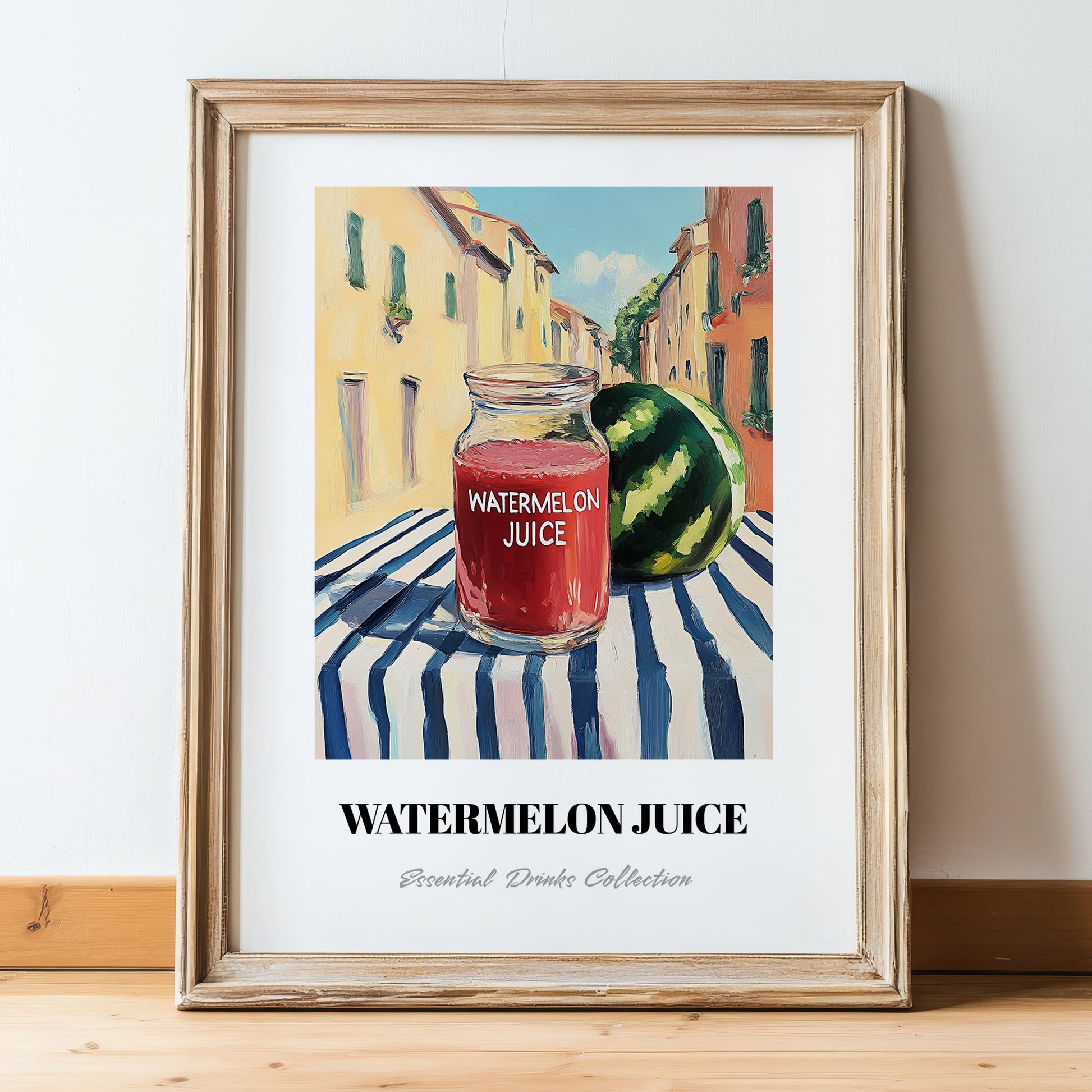 Watermelon Juice – Italian Urban Café Scene, Lemonade Wall Art, in wooden frame leaning on the floor