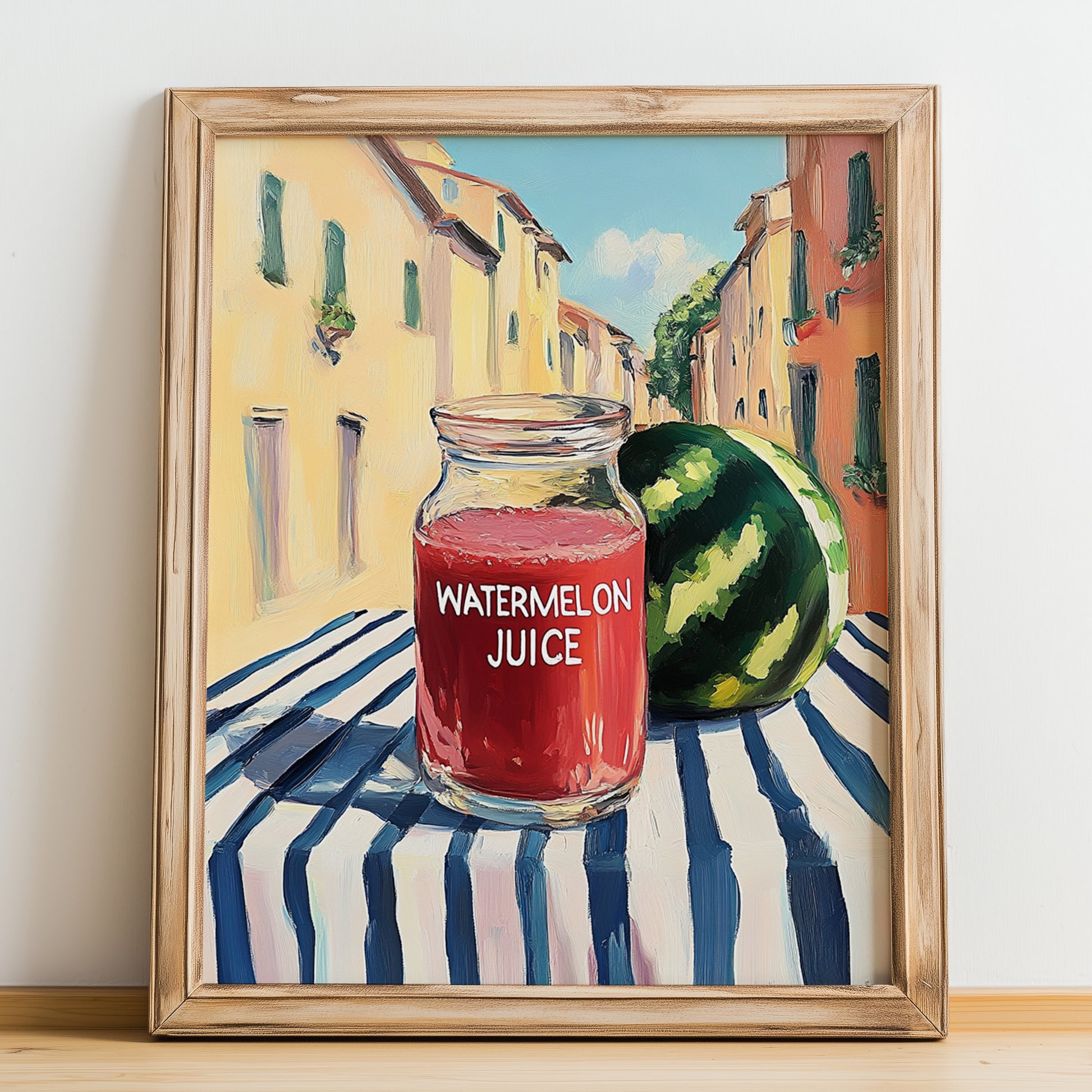 Watermelon Juice – Italian Urban Café Scene, Lemonade Wall Art, no-text version framed in wood