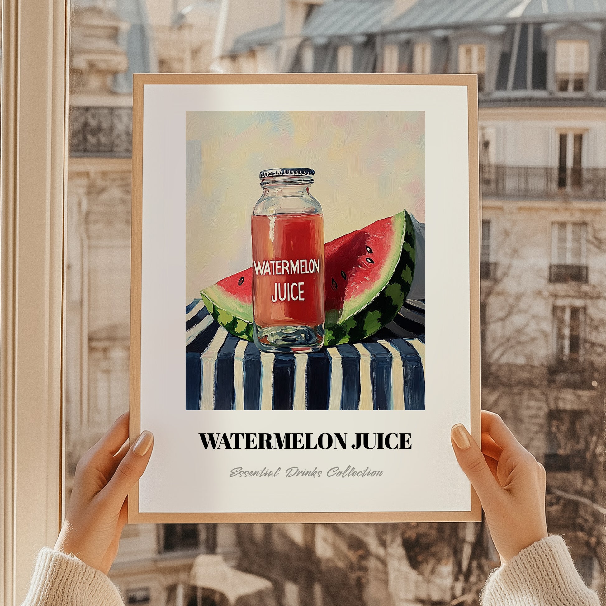 Watermelon Juice – on Striped Tablecloth, Lemonade Still Life, styled in a charming Paris street view