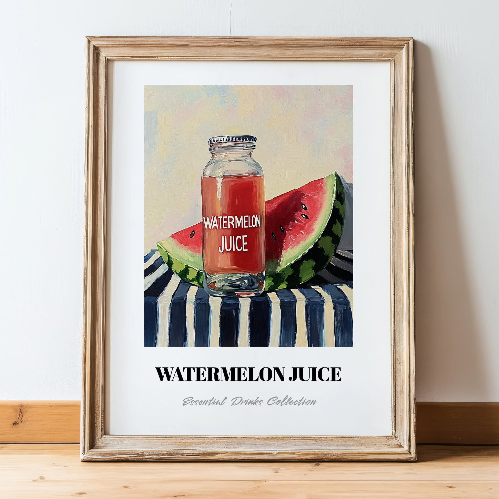 Watermelon Juice – on Striped Tablecloth, Lemonade Still Life, in wooden frame leaning on the floor