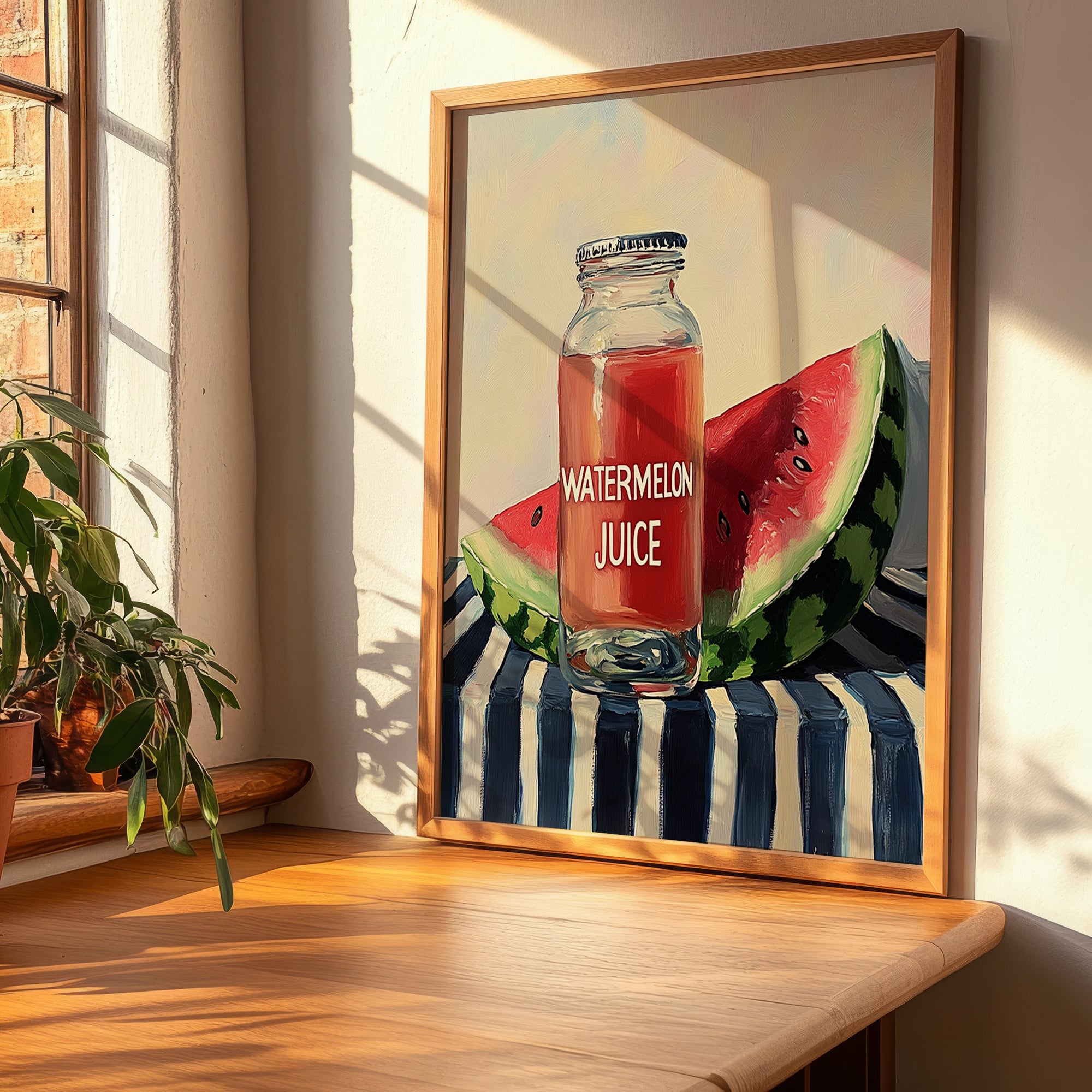 Watermelon Juice – on Striped Tablecloth, Lemonade Still Life, clean layout with no caption