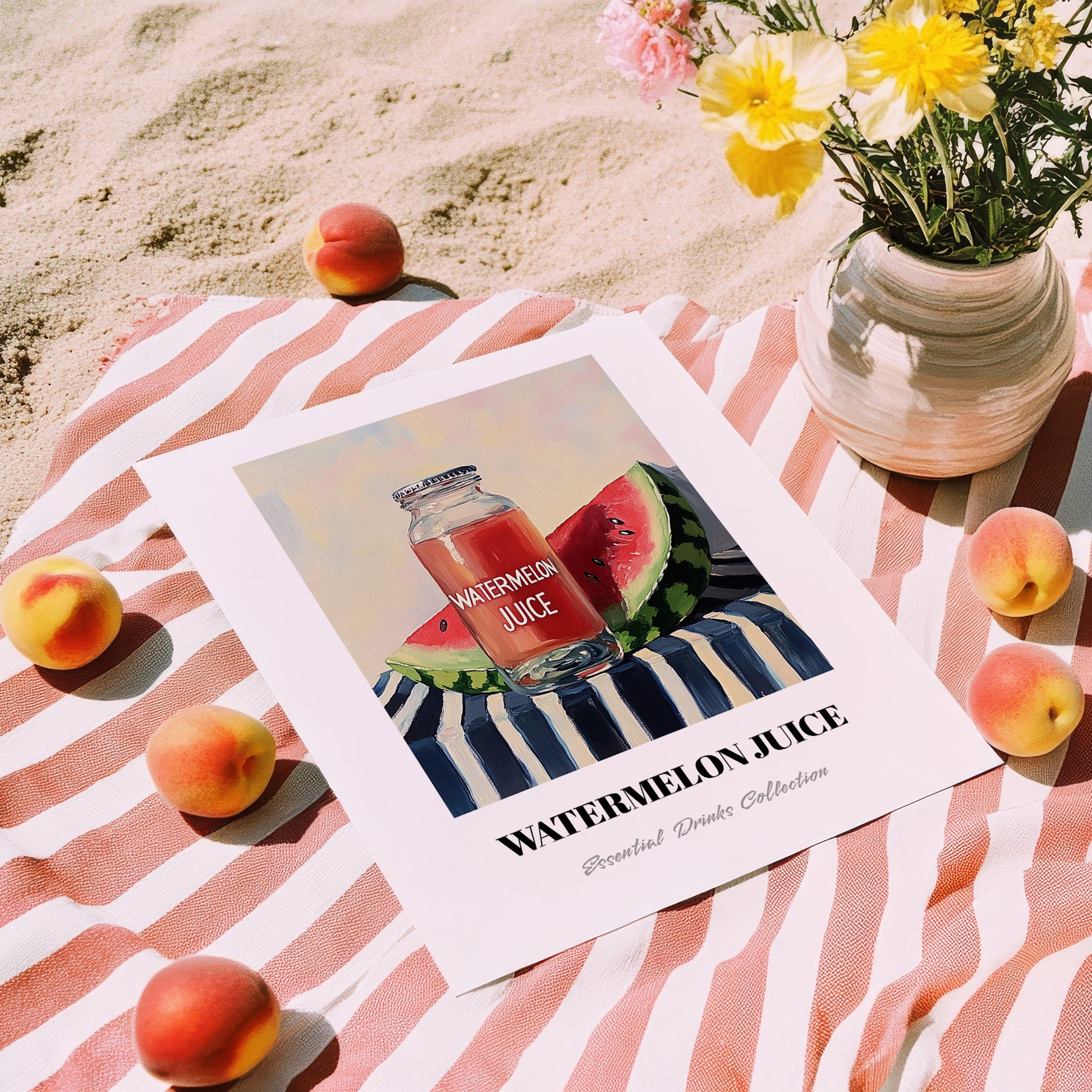 Watermelon Juice – on Striped Tablecloth, Lemonade Still Life, unframed on coastal sand