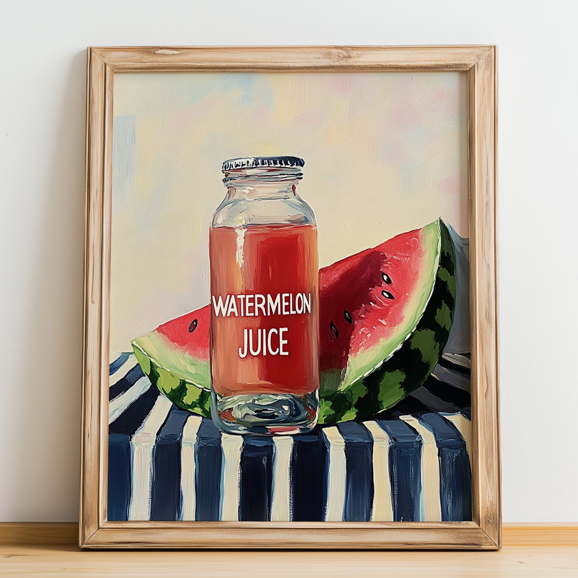 Watermelon Juice – on Striped Tablecloth, Lemonade Still Life, no-text version framed in wood