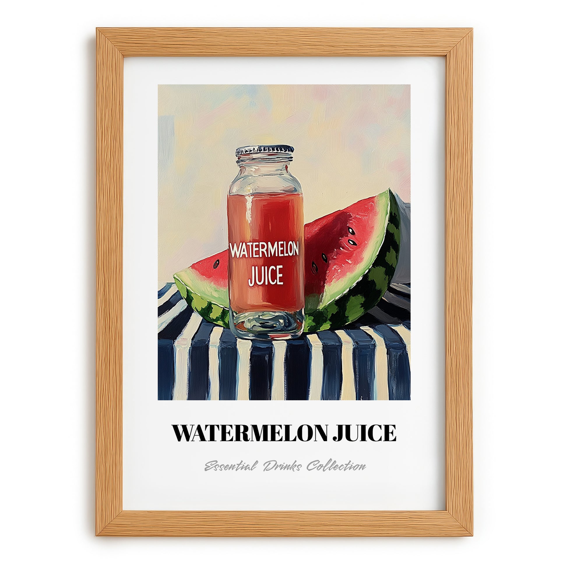 Watermelon Juice – on Striped Tablecloth, Lemonade Still Life, set in oak frame