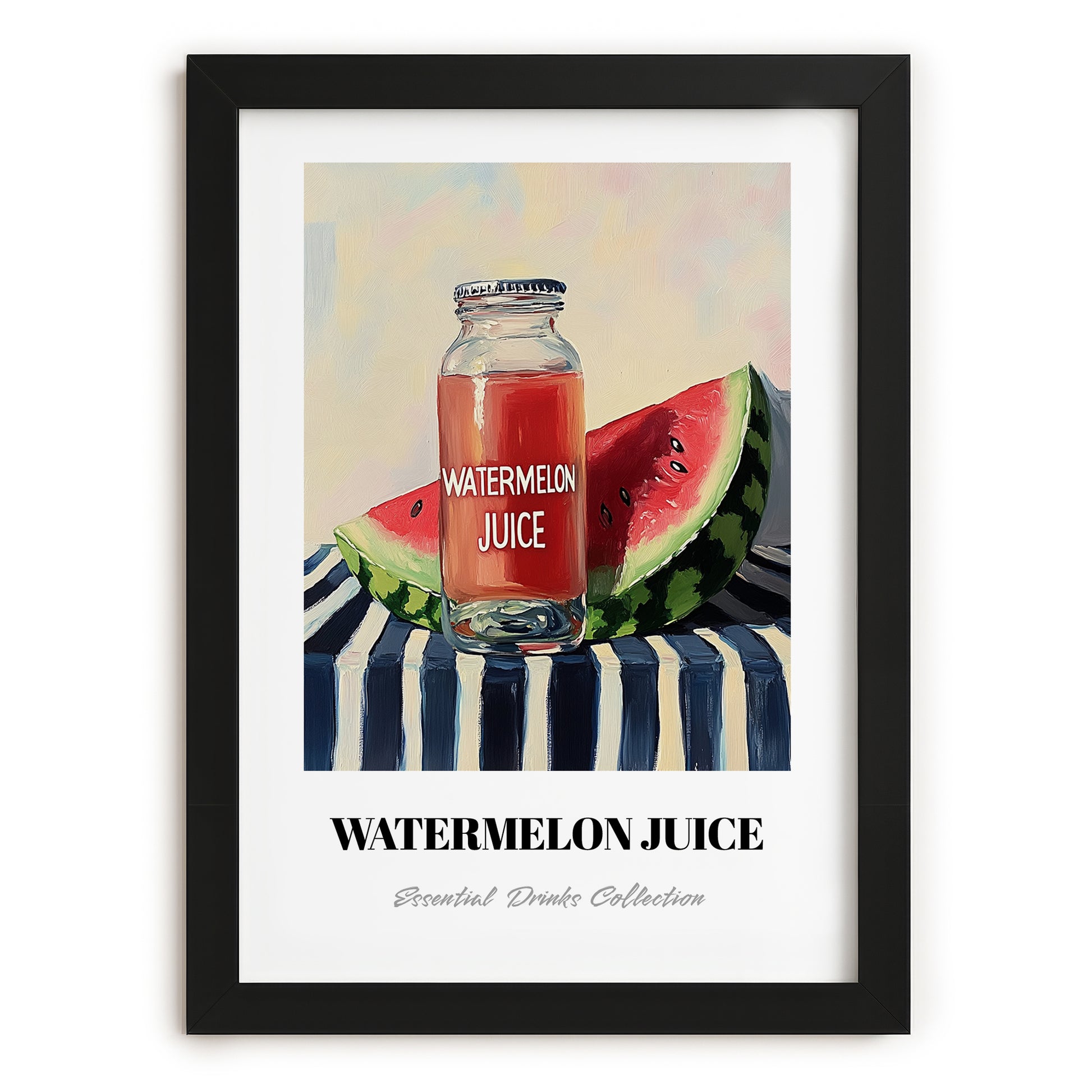 Watermelon Juice – on Striped Tablecloth, Lemonade Still Life, in sleek black frame