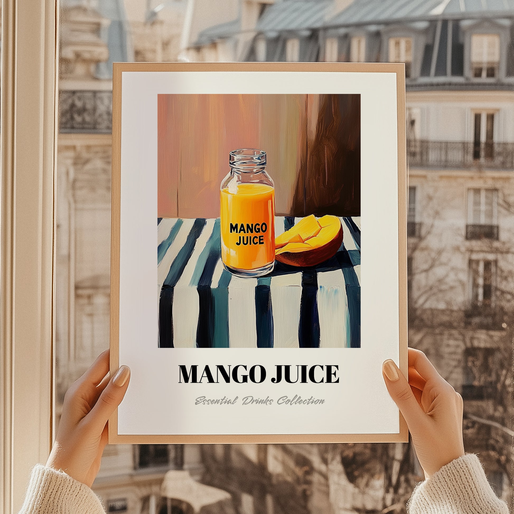 Mango Juice – on Striped Tablecloth, Lemonade Still Life, styled in a charming Paris street view