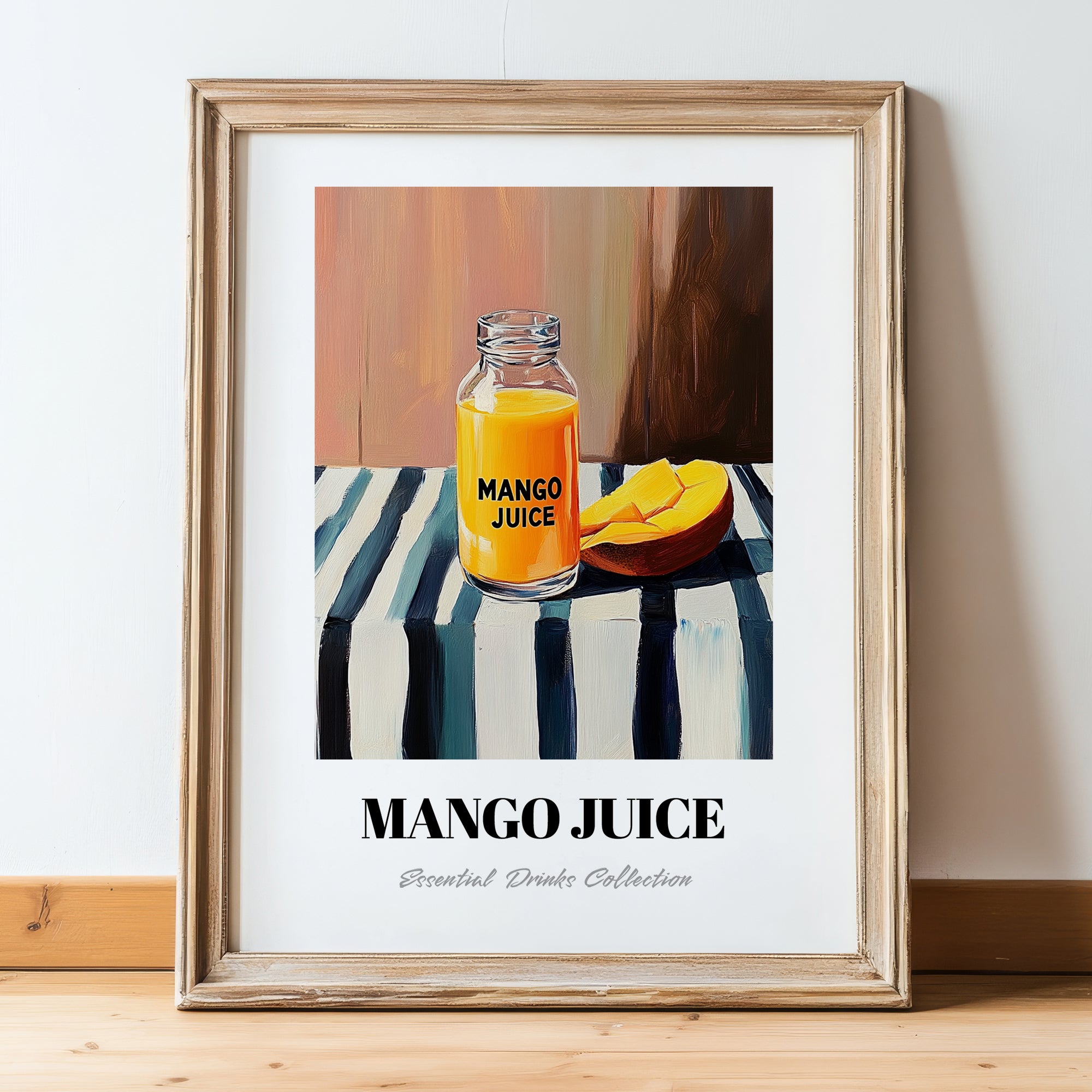 Mango Juice – on Striped Tablecloth, Lemonade Still Life, in wooden frame leaning on the floor