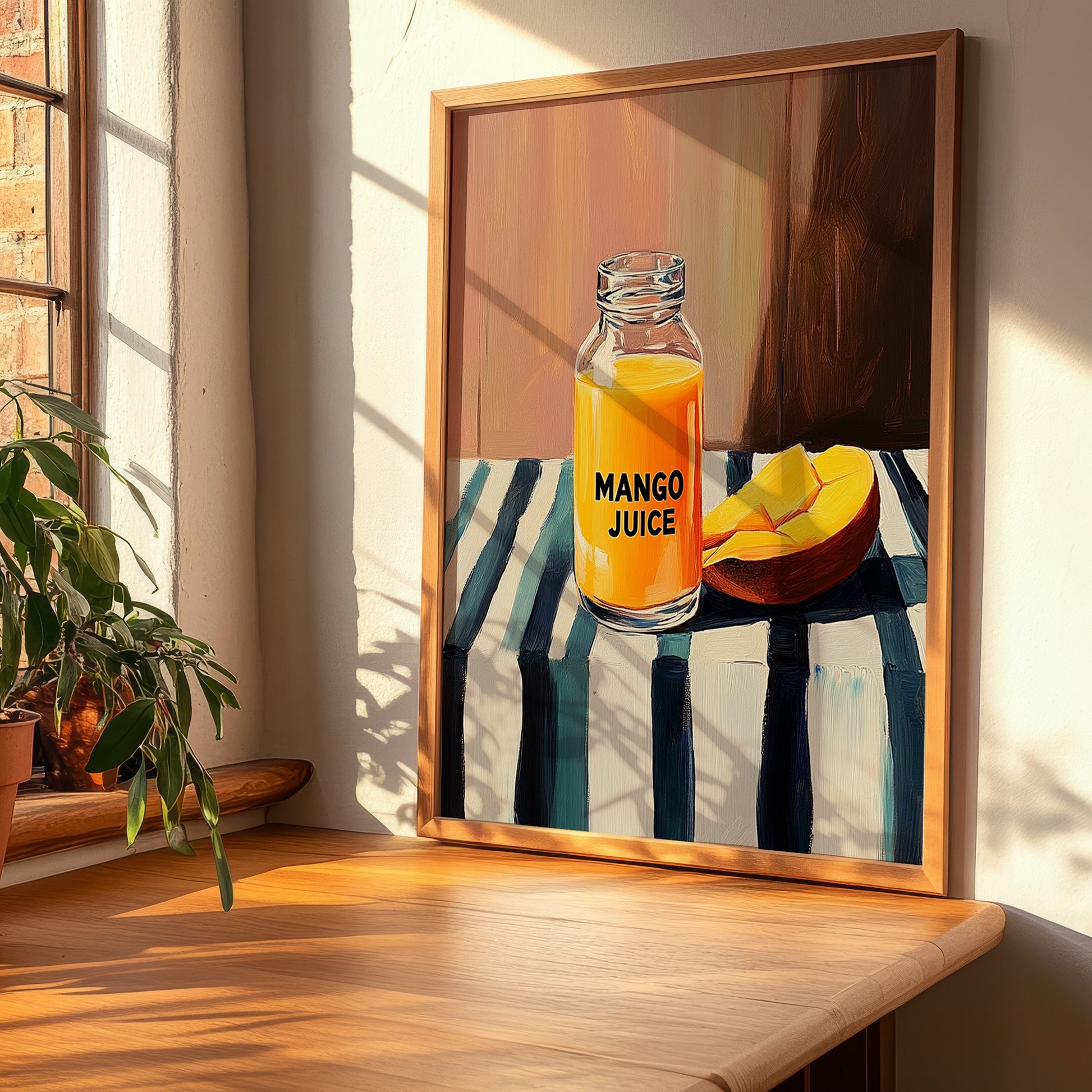 Mango Juice – on Striped Tablecloth, Lemonade Still Life, clean layout with no caption