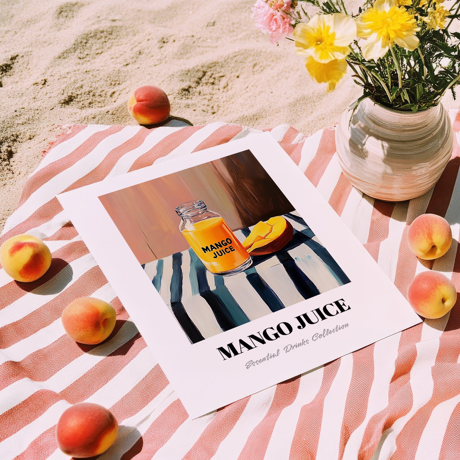 Mango Juice – on Striped Tablecloth, Lemonade Still Life, unframed on coastal sand