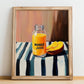 Mango Juice – on Striped Tablecloth, Lemonade Still Life, no-text version framed in wood