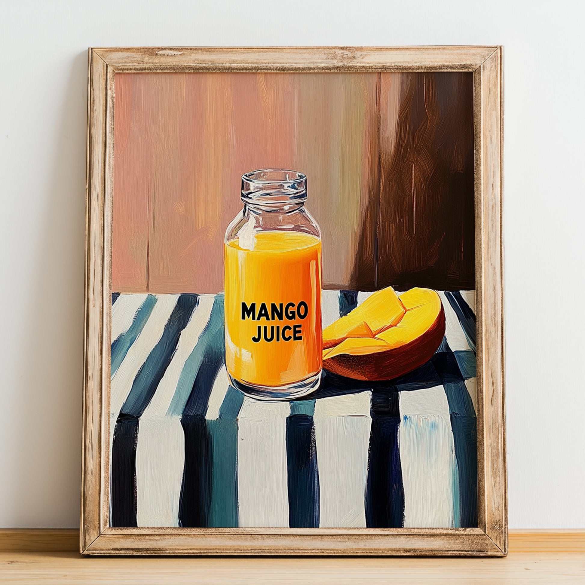 Mango Juice – on Striped Tablecloth, Lemonade Still Life, no-text version framed in wood