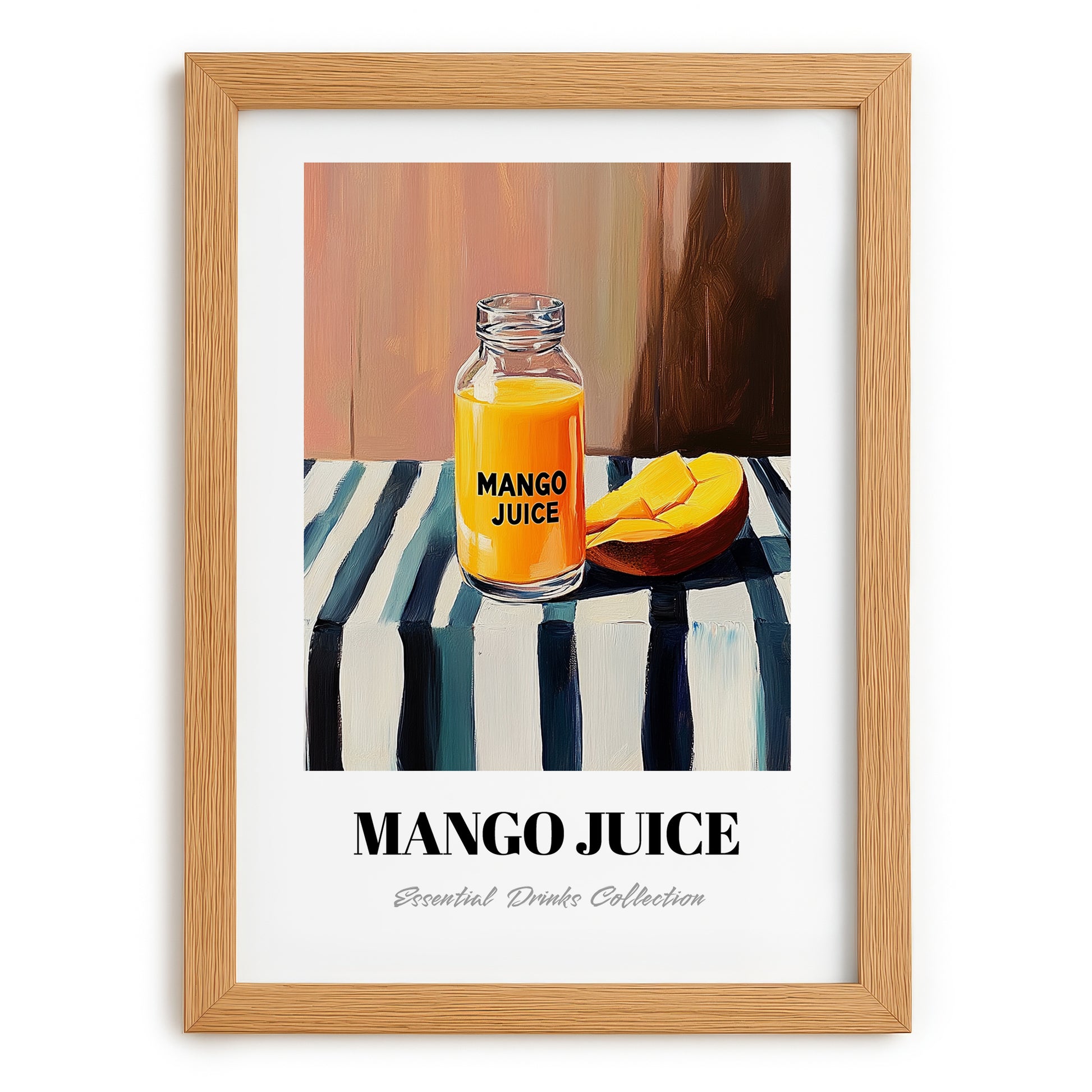 Mango Juice – on Striped Tablecloth, Lemonade Still Life, set in oak frame