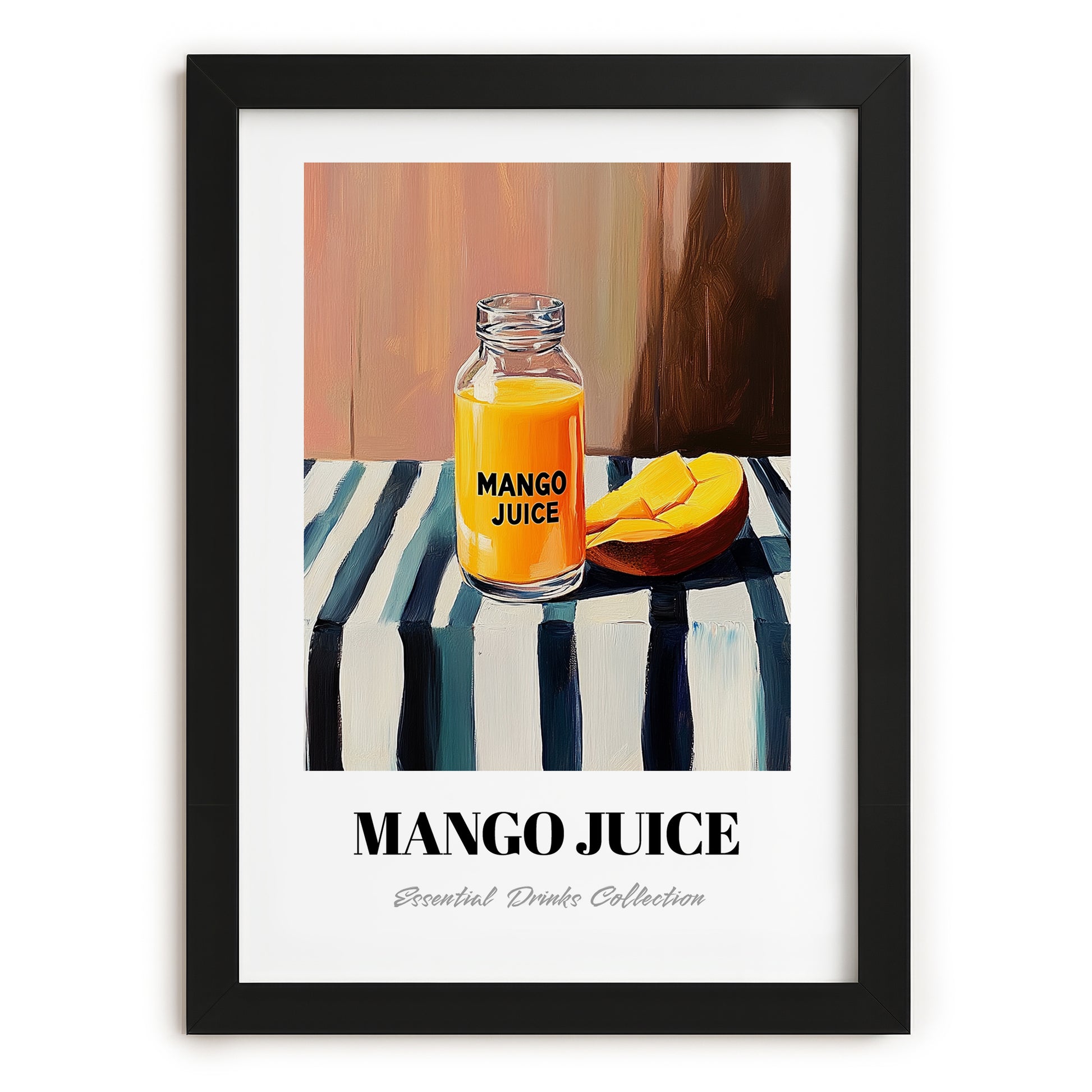 Mango Juice – on Striped Tablecloth, Lemonade Still Life, in sleek black frame