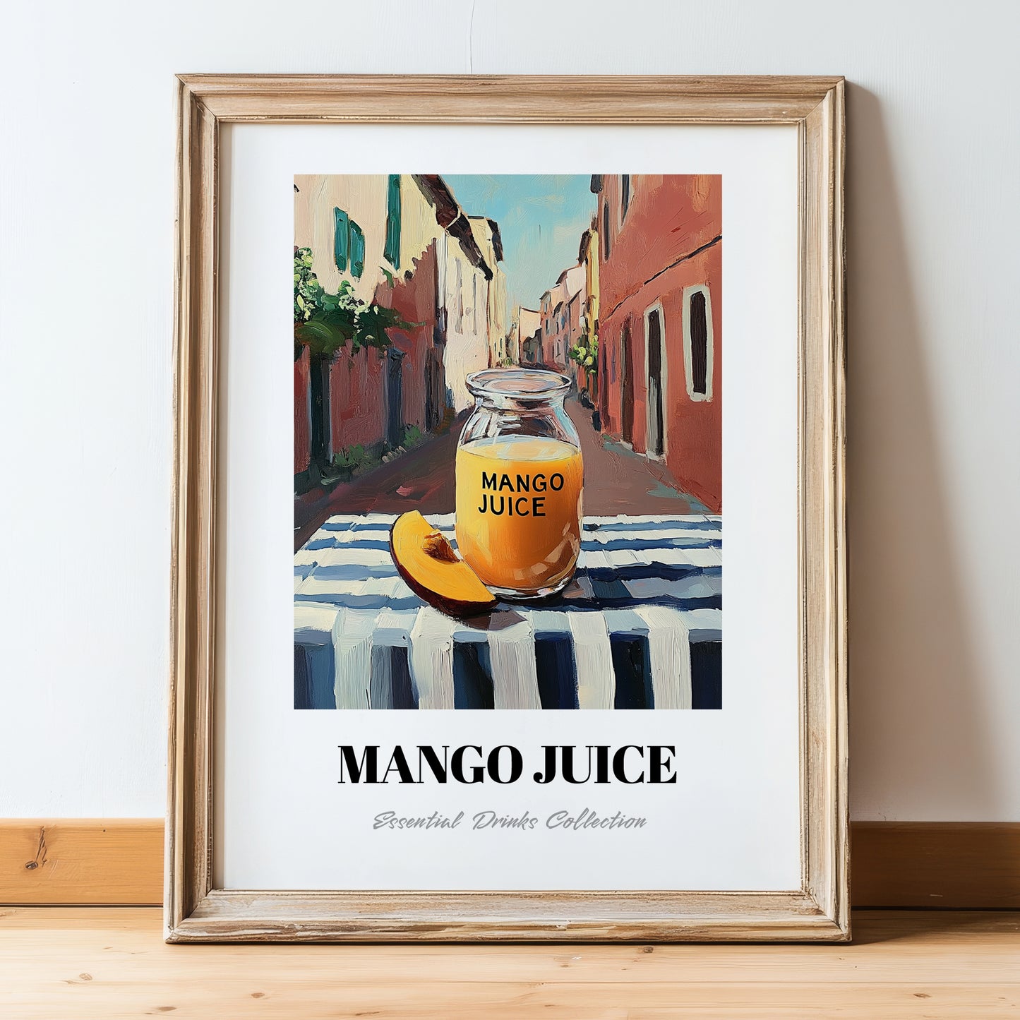 Mango Juice – Italian Street Café Scene, Lemonade Still Life, in wooden frame leaning on the floor