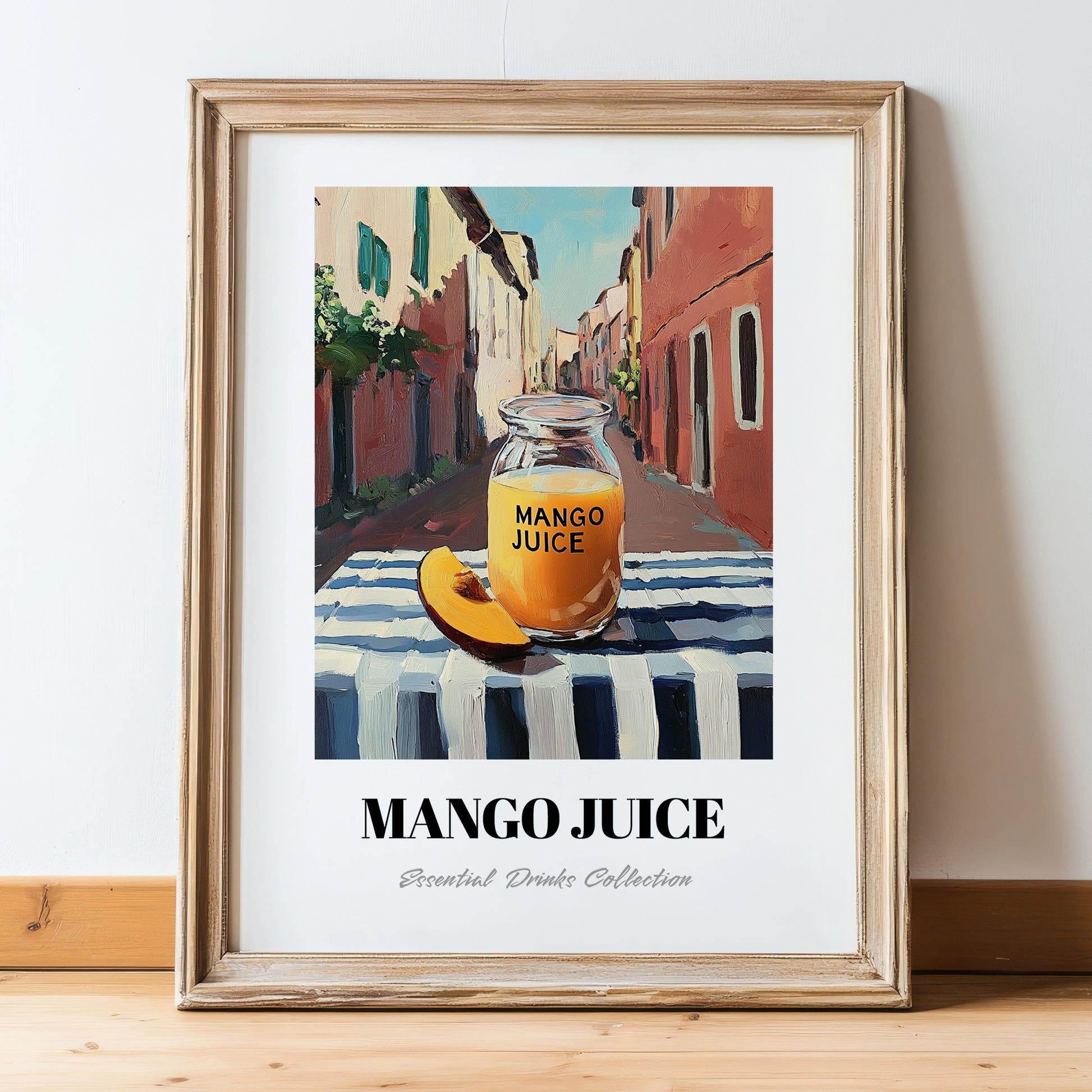 Mango Juice – Italian Street Café Scene, Lemonade Still Life, in wooden frame leaning on the floor