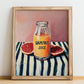 Grapefruit Juice – on Striped Tablecloth, Lemonade Wall Art, no-text version framed in wood
