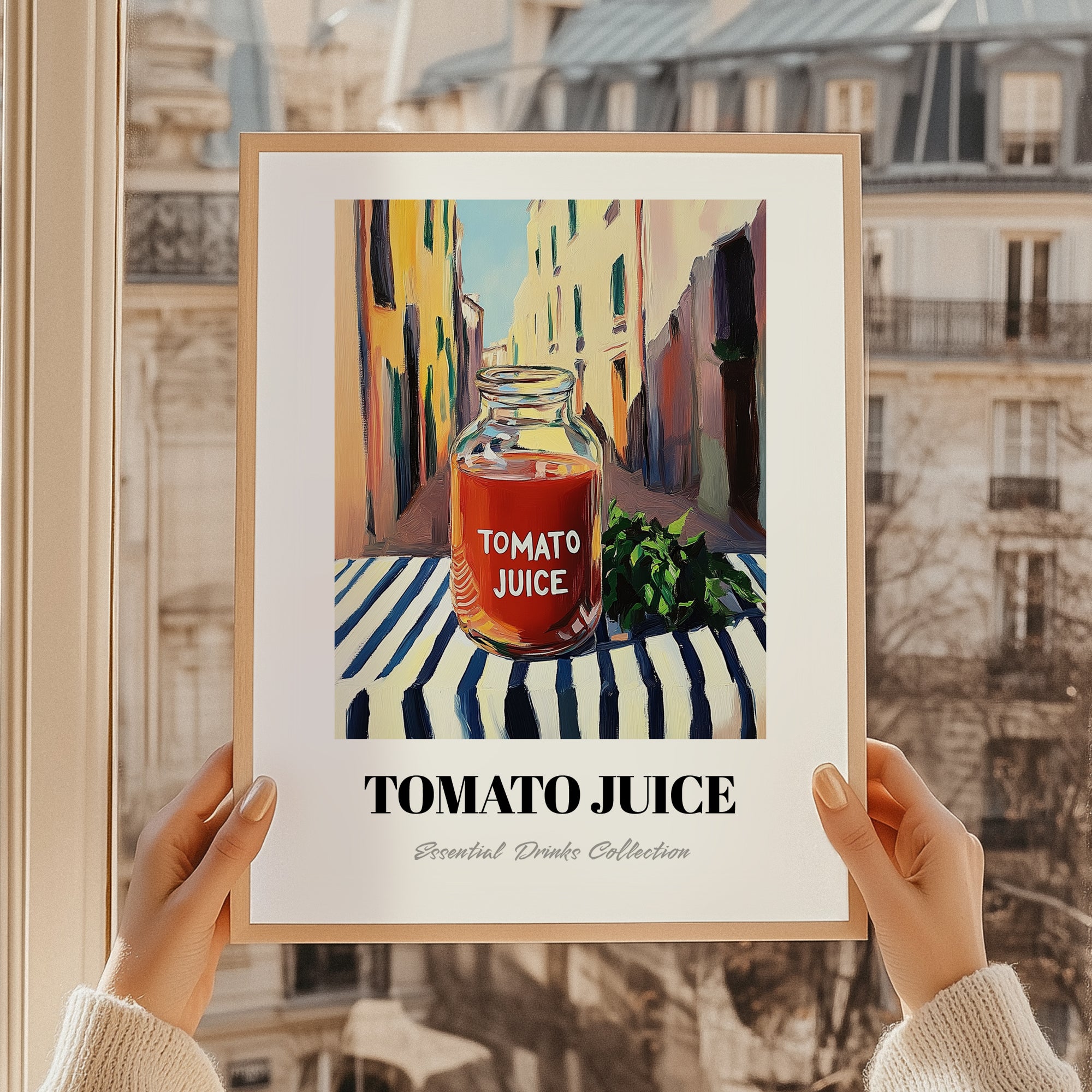 Tomato Juice – Italian Street Café Scene, Lemonade Illustration, styled in a charming Paris street view