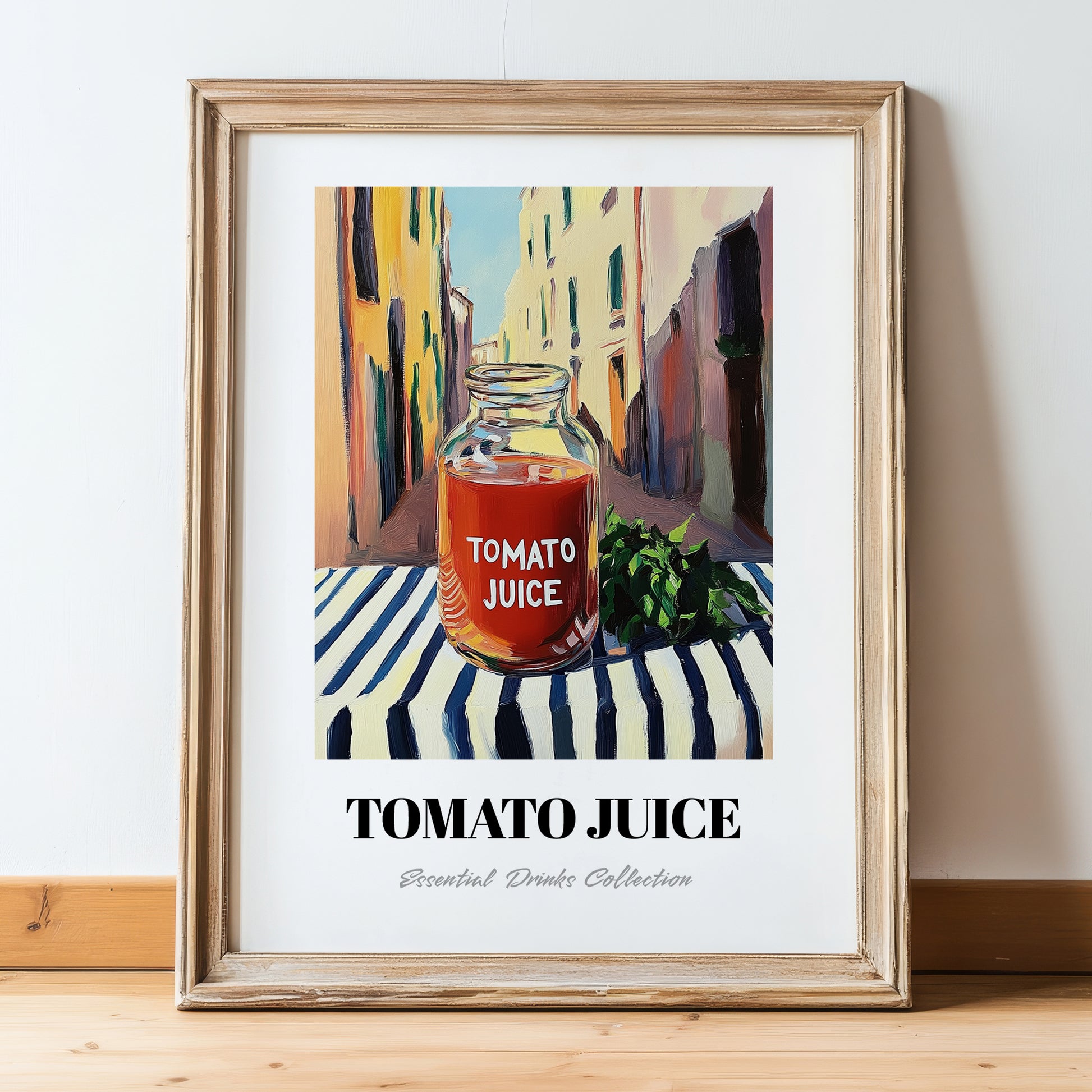 Tomato Juice – Italian Street Café Scene, Lemonade Illustration, in wooden frame leaning on the floor