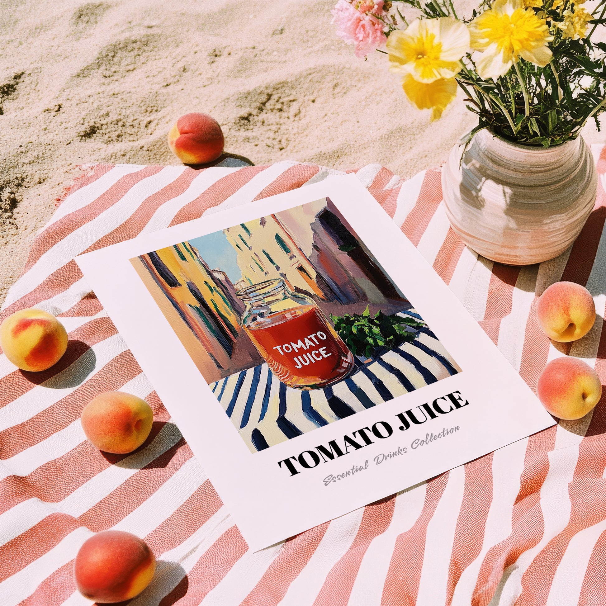 Tomato Juice – Italian Street Café Scene, Lemonade Illustration, unframed on coastal sand