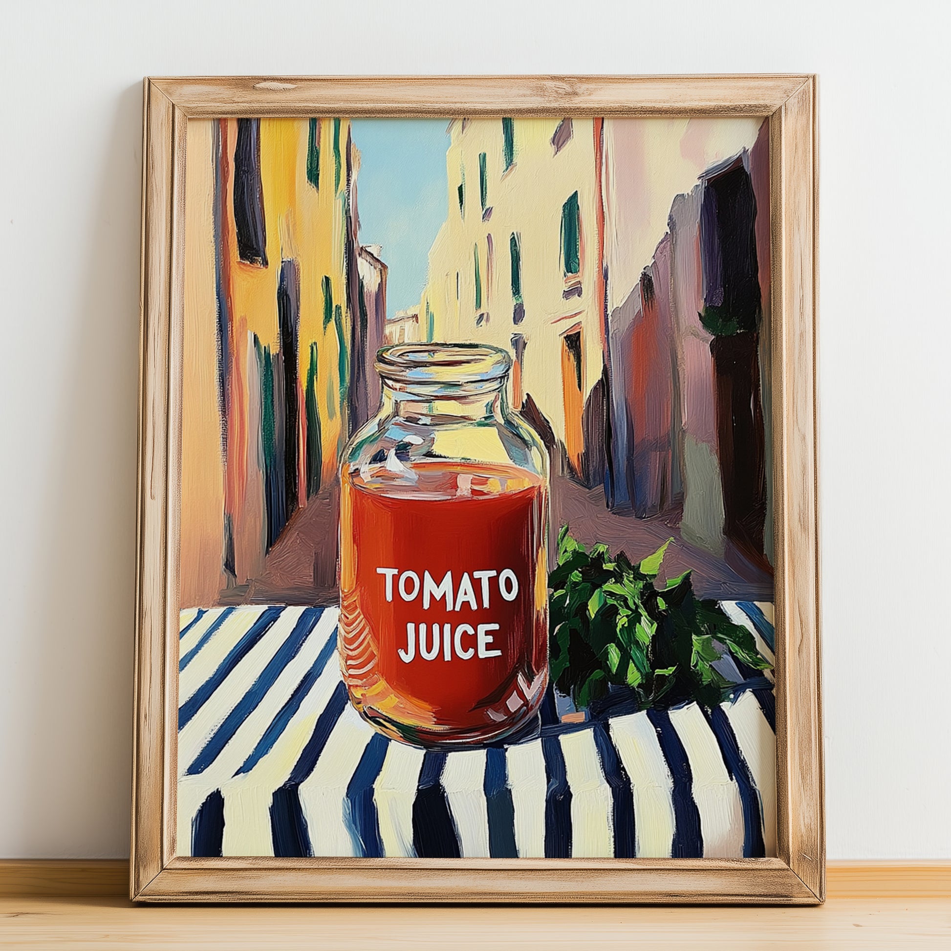 Tomato Juice – Italian Street Café Scene, Lemonade Illustration, no-text version framed in wood