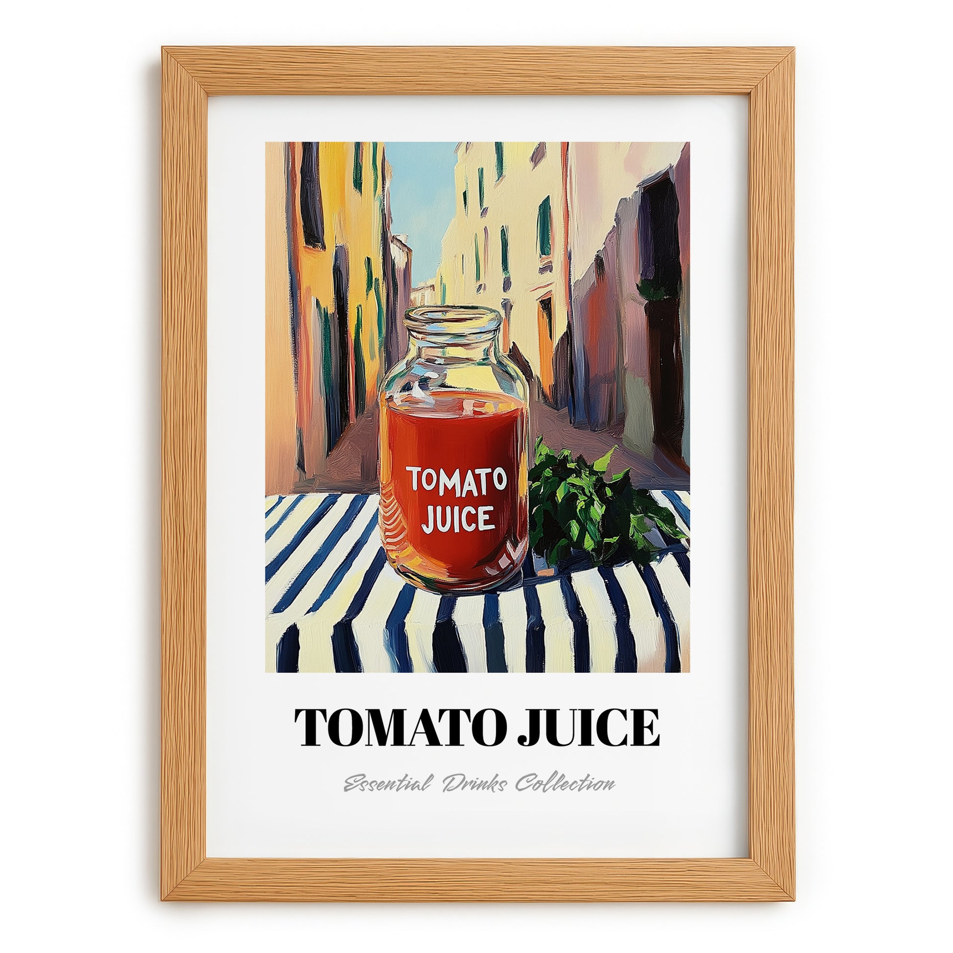 Tomato Juice – Italian Street Café Scene, Lemonade Illustration, set in oak frame