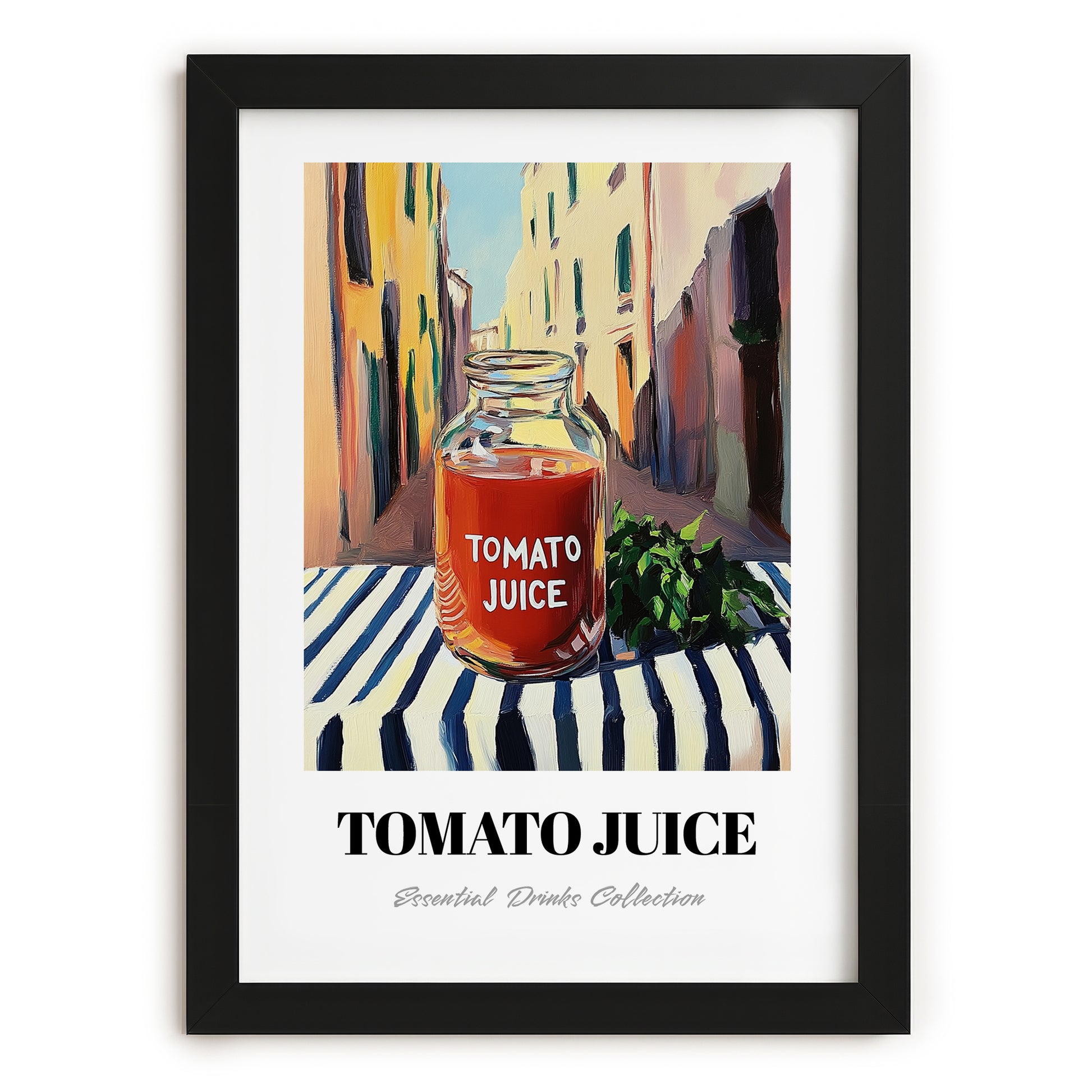 Tomato Juice – Italian Street Café Scene, Lemonade Illustration, in sleek black frame