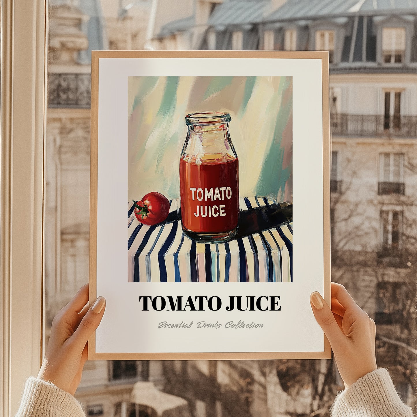 Tomato Juice – on Striped Tablecloth, Lemonade Art, styled in a charming Paris street view
