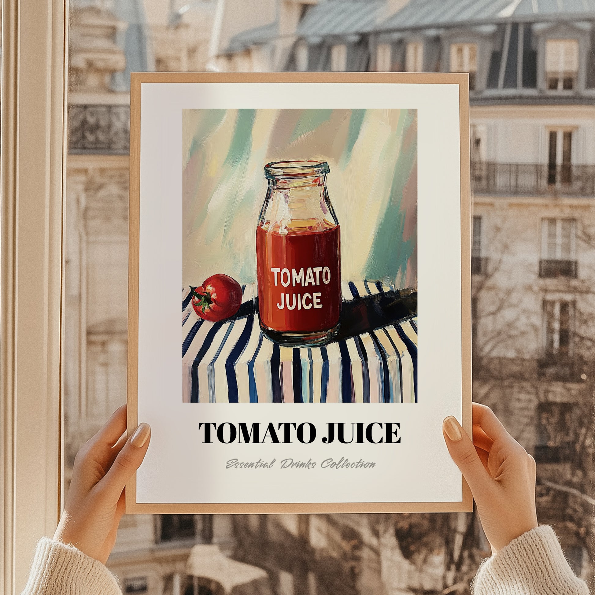 Tomato Juice – on Striped Tablecloth, Lemonade Art, styled in a charming Paris street view