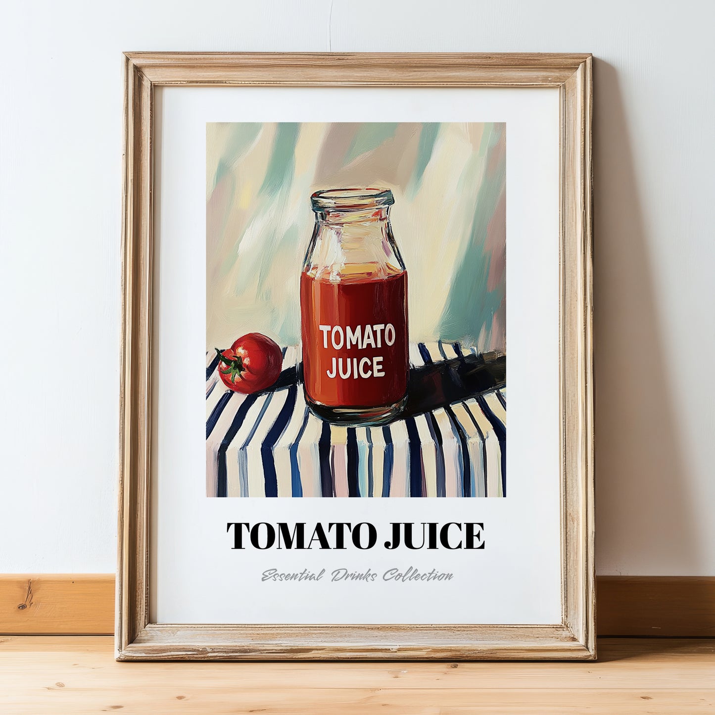 Tomato Juice – on Striped Tablecloth, Lemonade Art, in wooden frame leaning on the floor