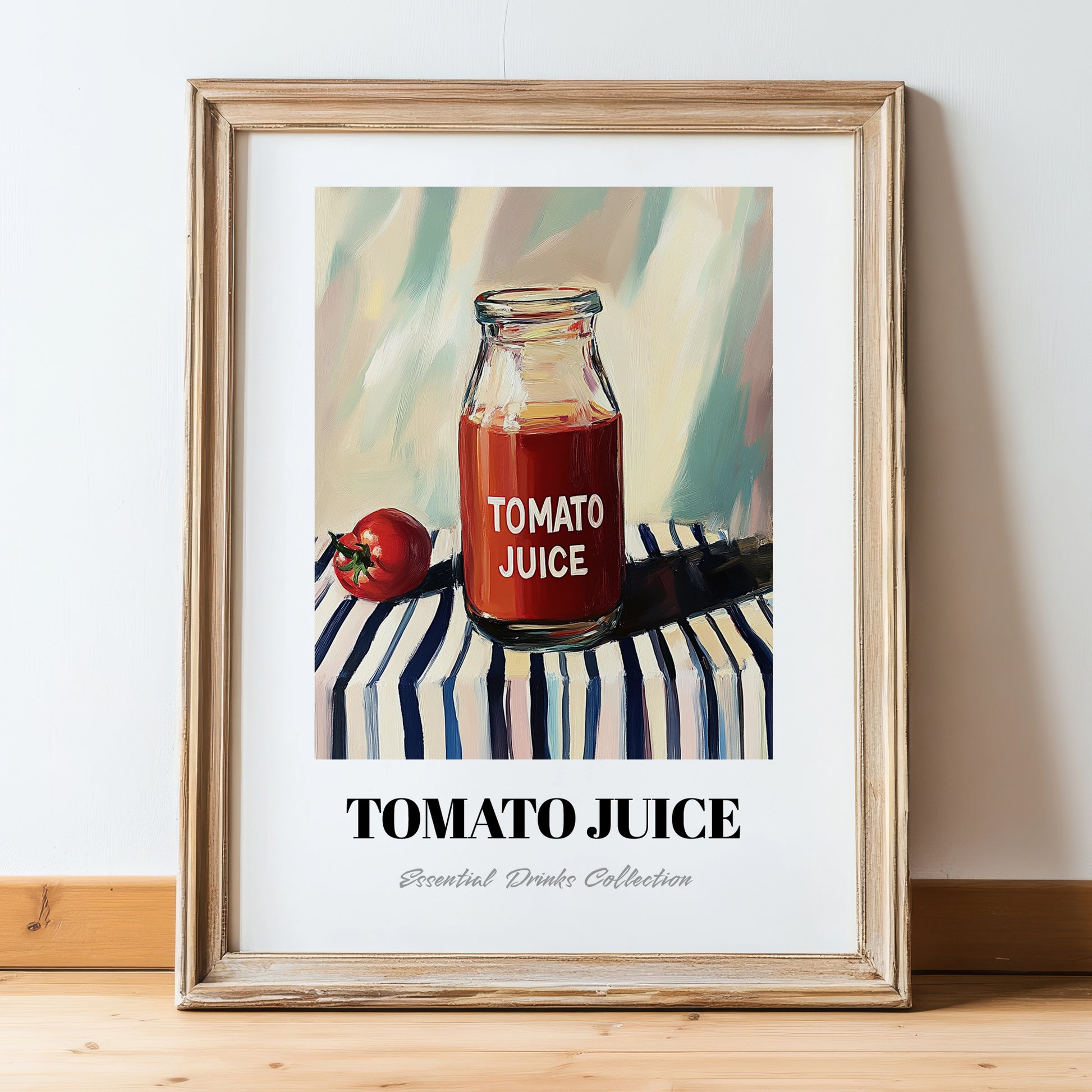 Tomato Juice – on Striped Tablecloth, Lemonade Art, in wooden frame leaning on the floor