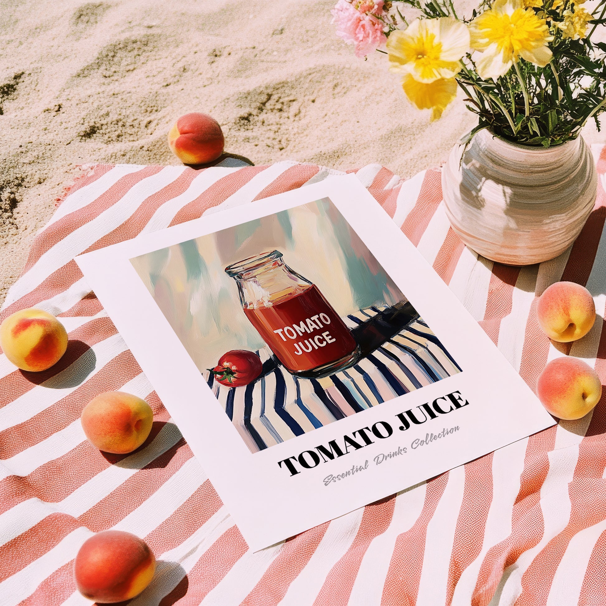 Tomato Juice – on Striped Tablecloth, Lemonade Art, unframed on coastal sand