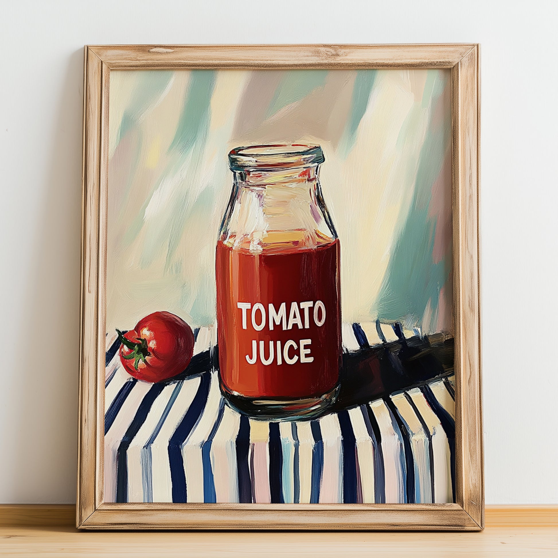 Tomato Juice – on Striped Tablecloth, Lemonade Art, no-text version framed in wood