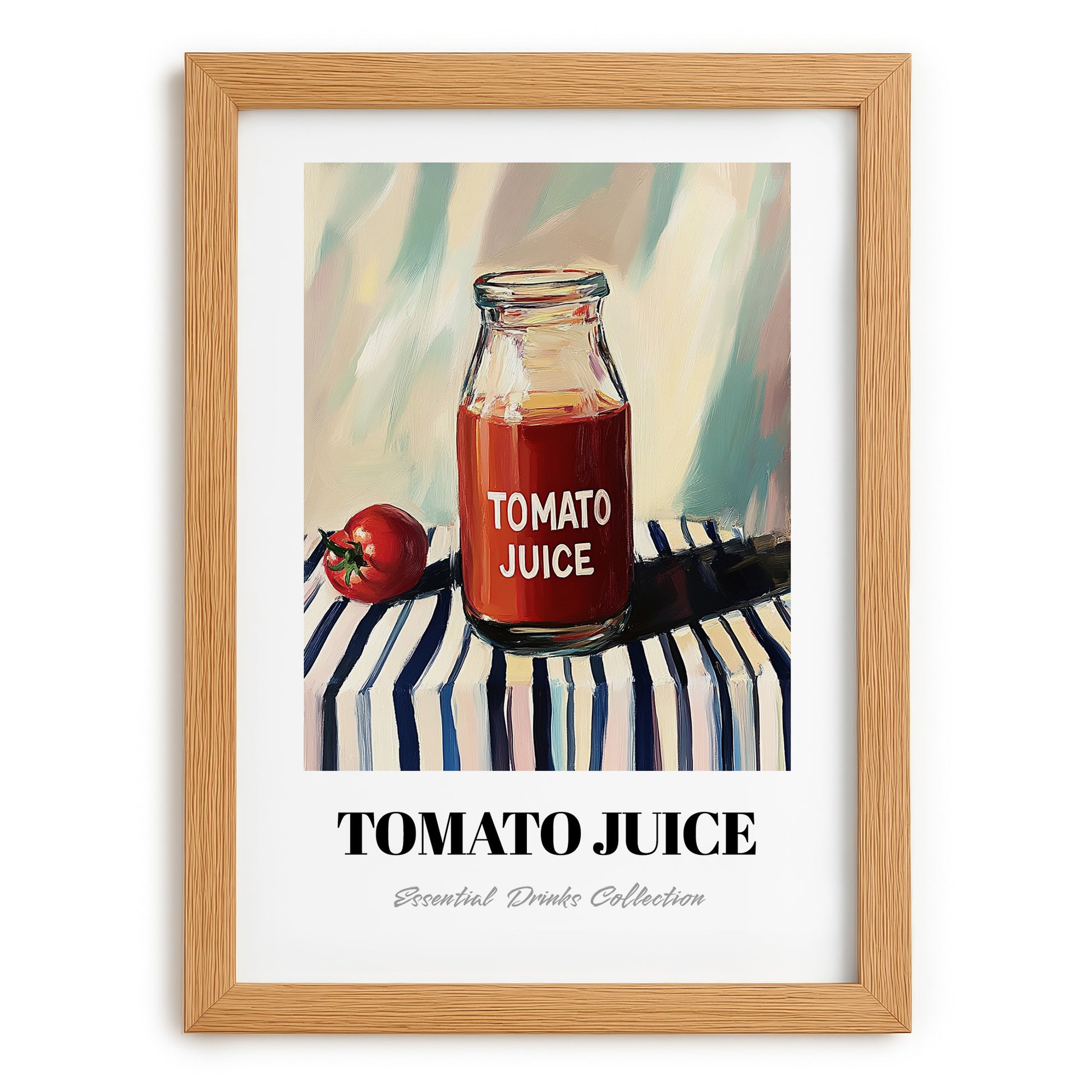 Tomato Juice – on Striped Tablecloth, Lemonade Art, set in oak frame