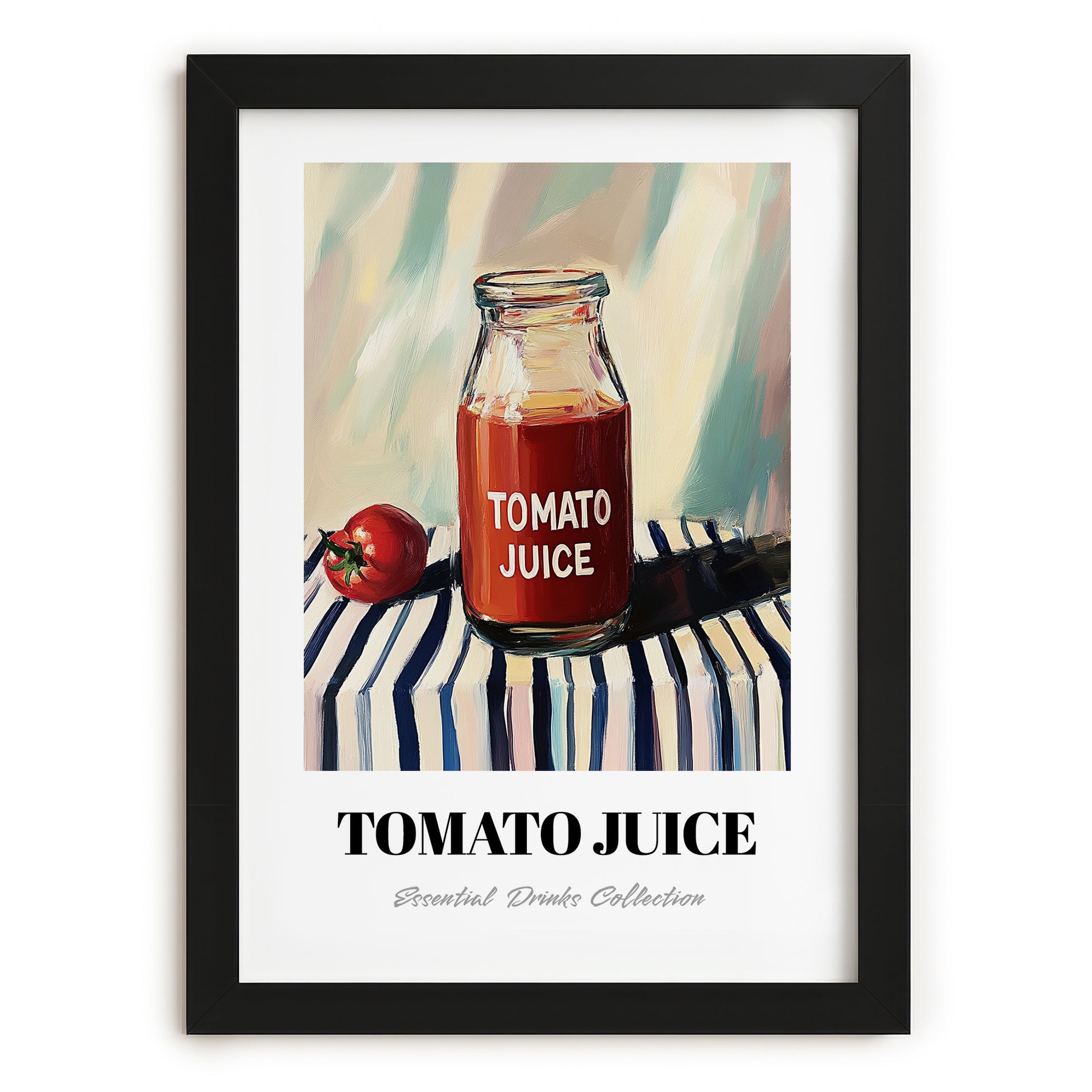 Tomato Juice – on Striped Tablecloth, Lemonade Art, in sleek black frame