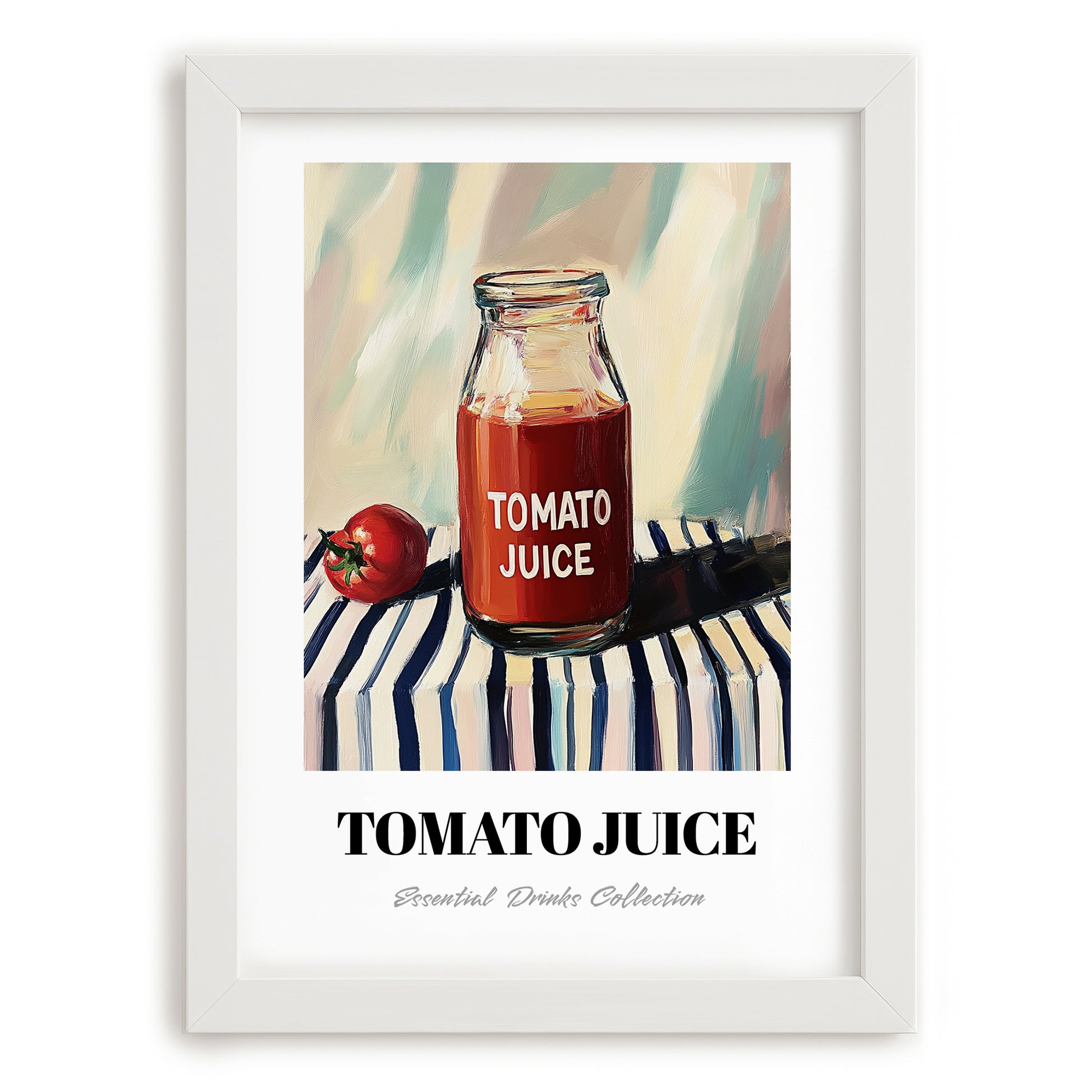 Tomato Juice – on Striped Tablecloth, Lemonade Art, placed in minimal white frame