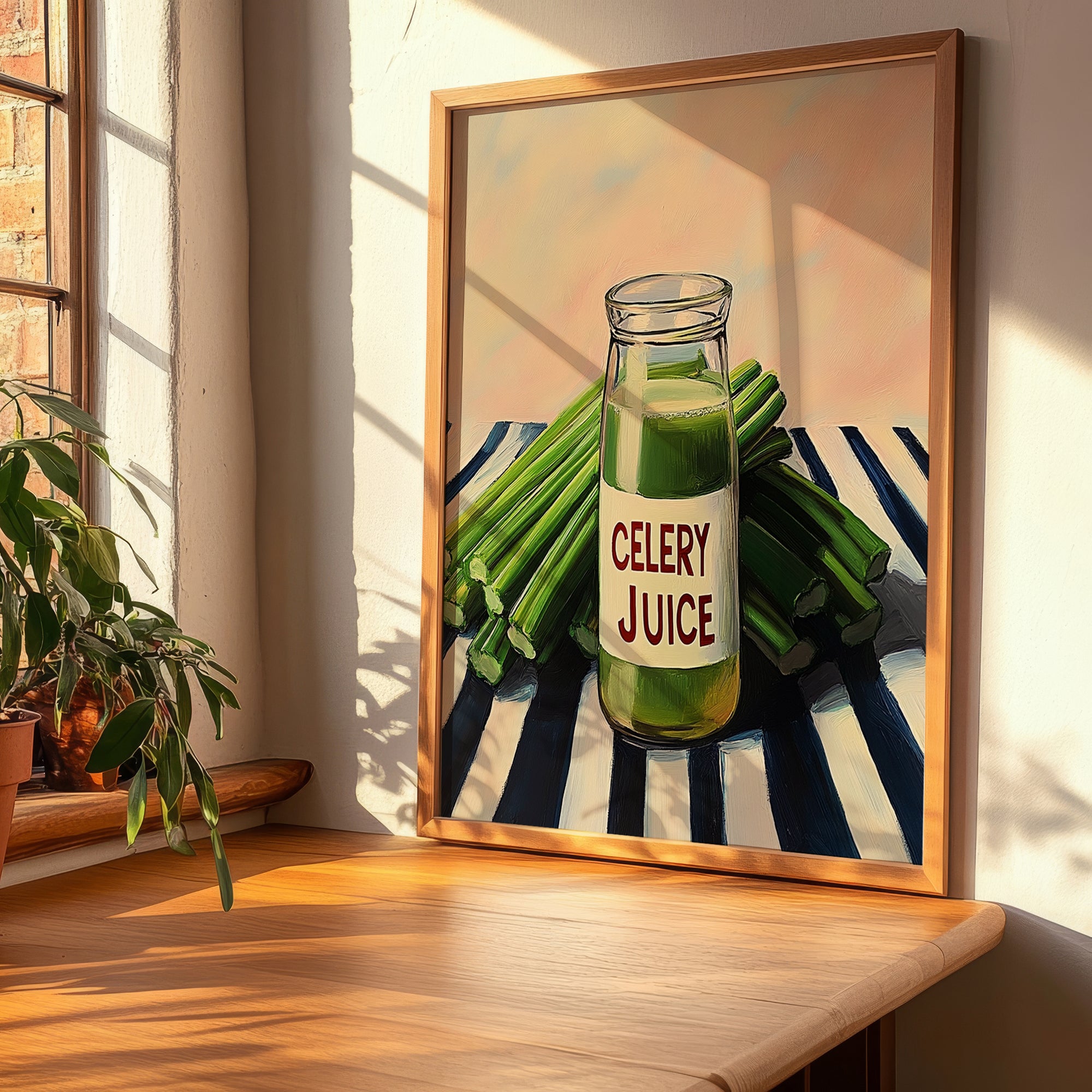 Celery Juice – on Striped Tablecloth, Lemonade Painting, clean layout with no caption